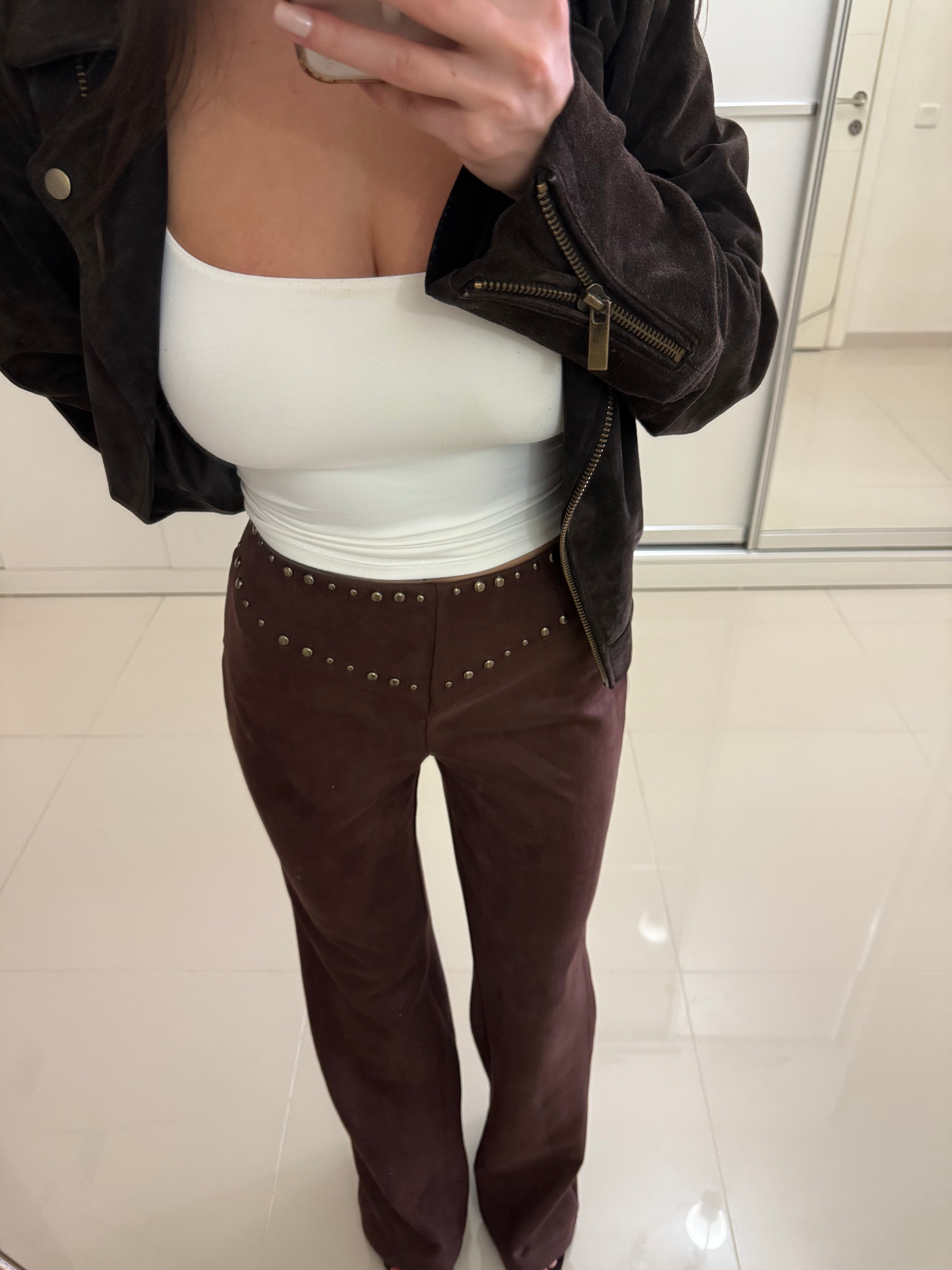 Zr zımbalı süet deri pantolon