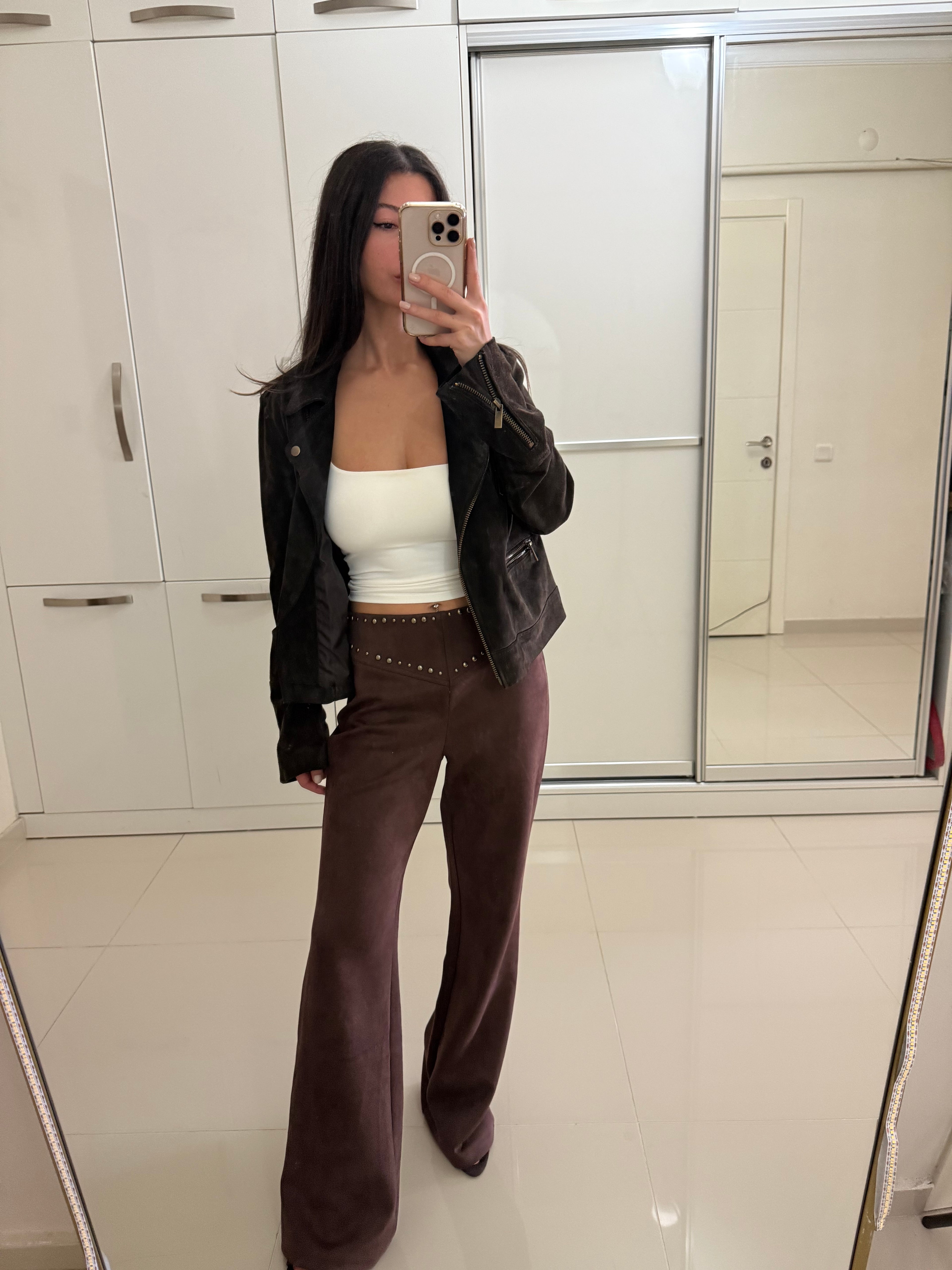 Zr zımbalı süet deri pantolon