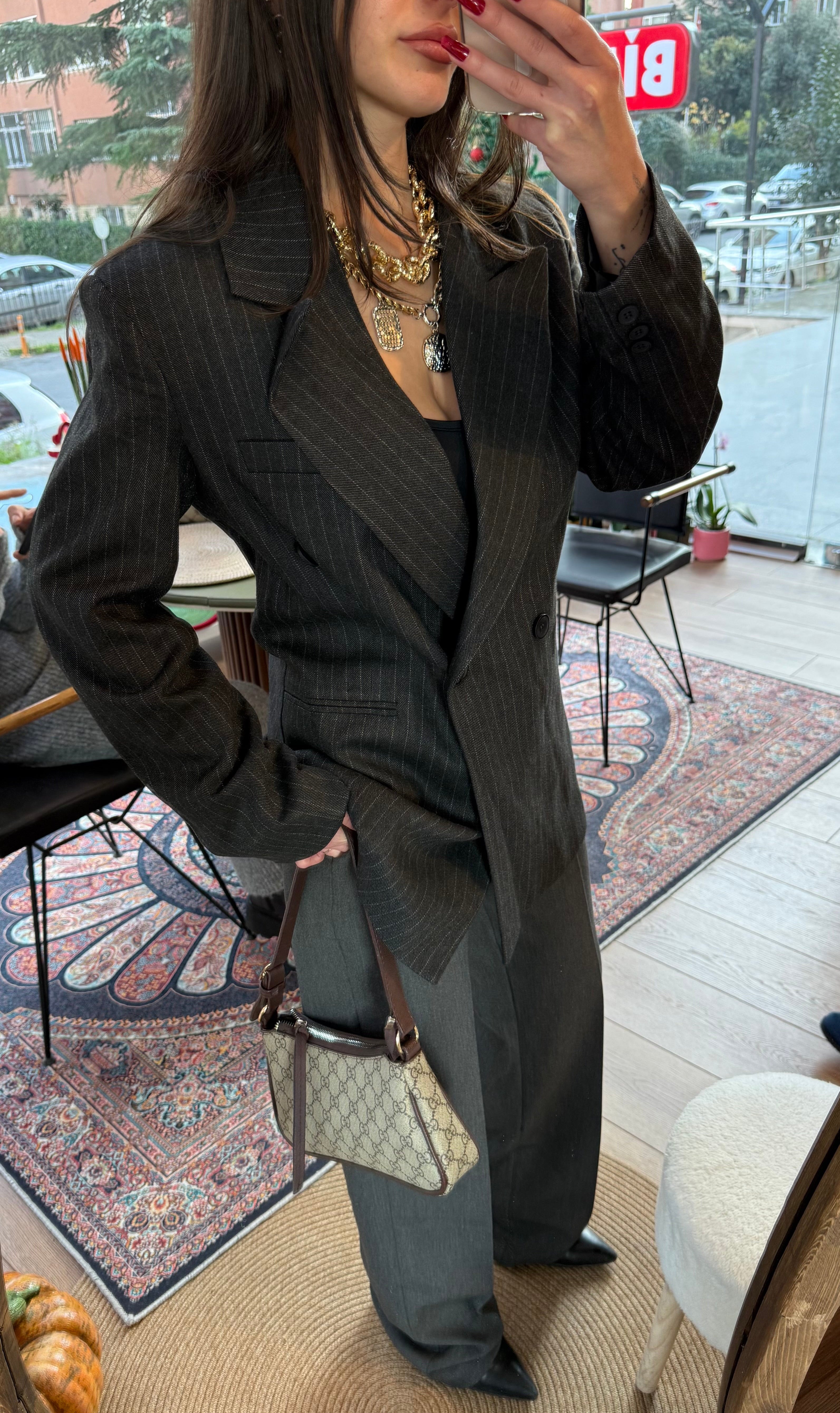 Antrasit çizgili blazer ceket