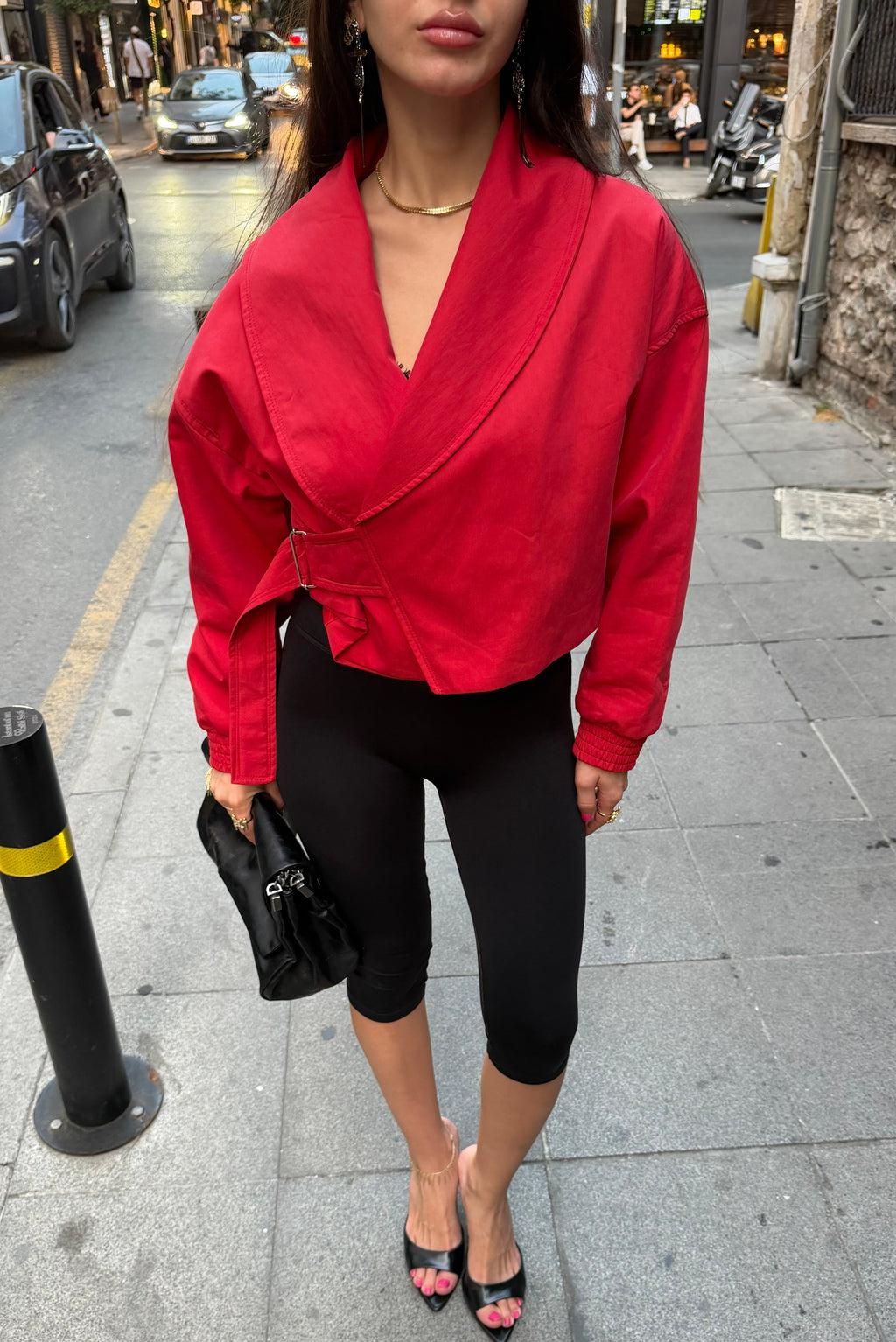 Kruvaze crop trenç ceket