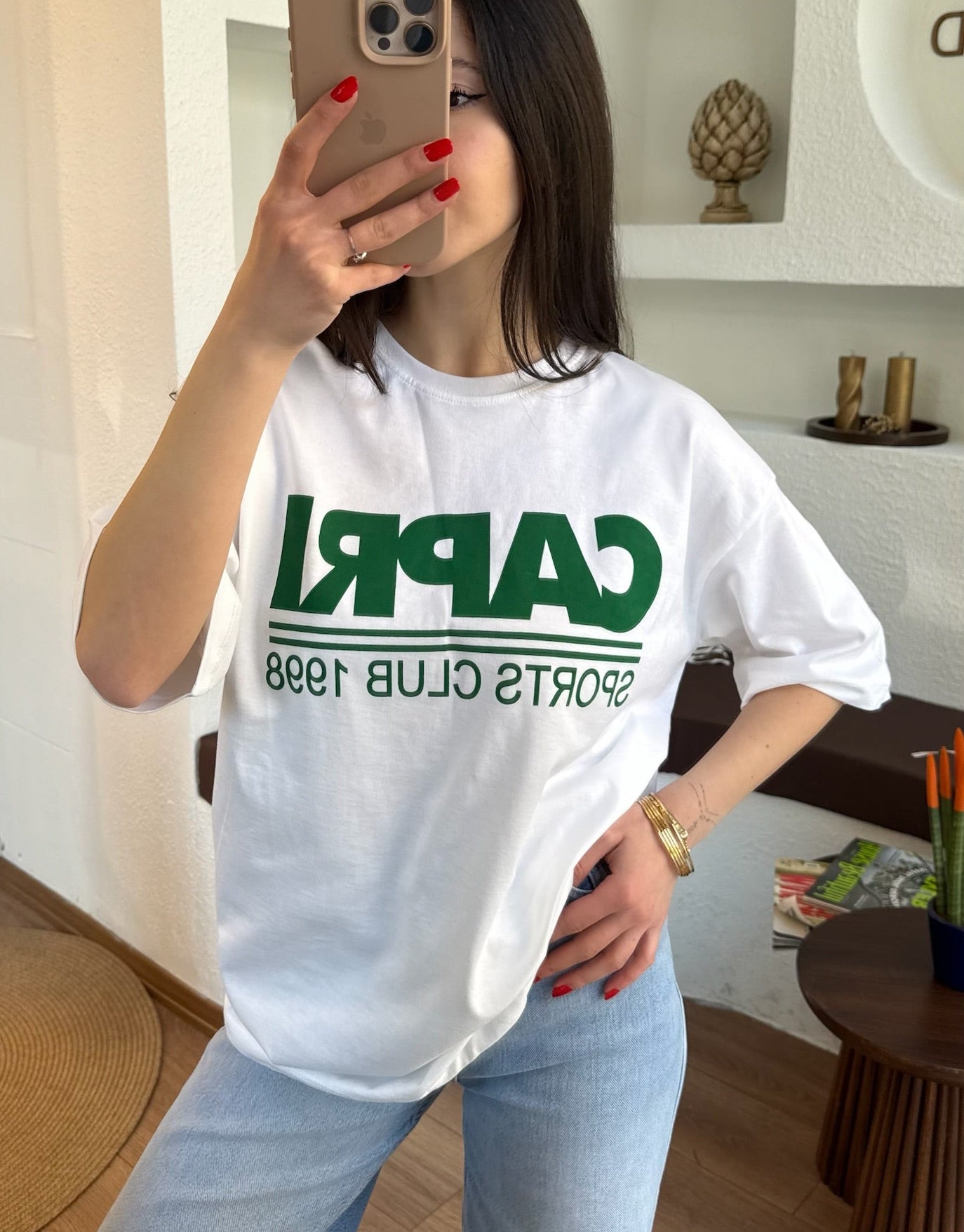 Yeşil capri baskılı tişört
