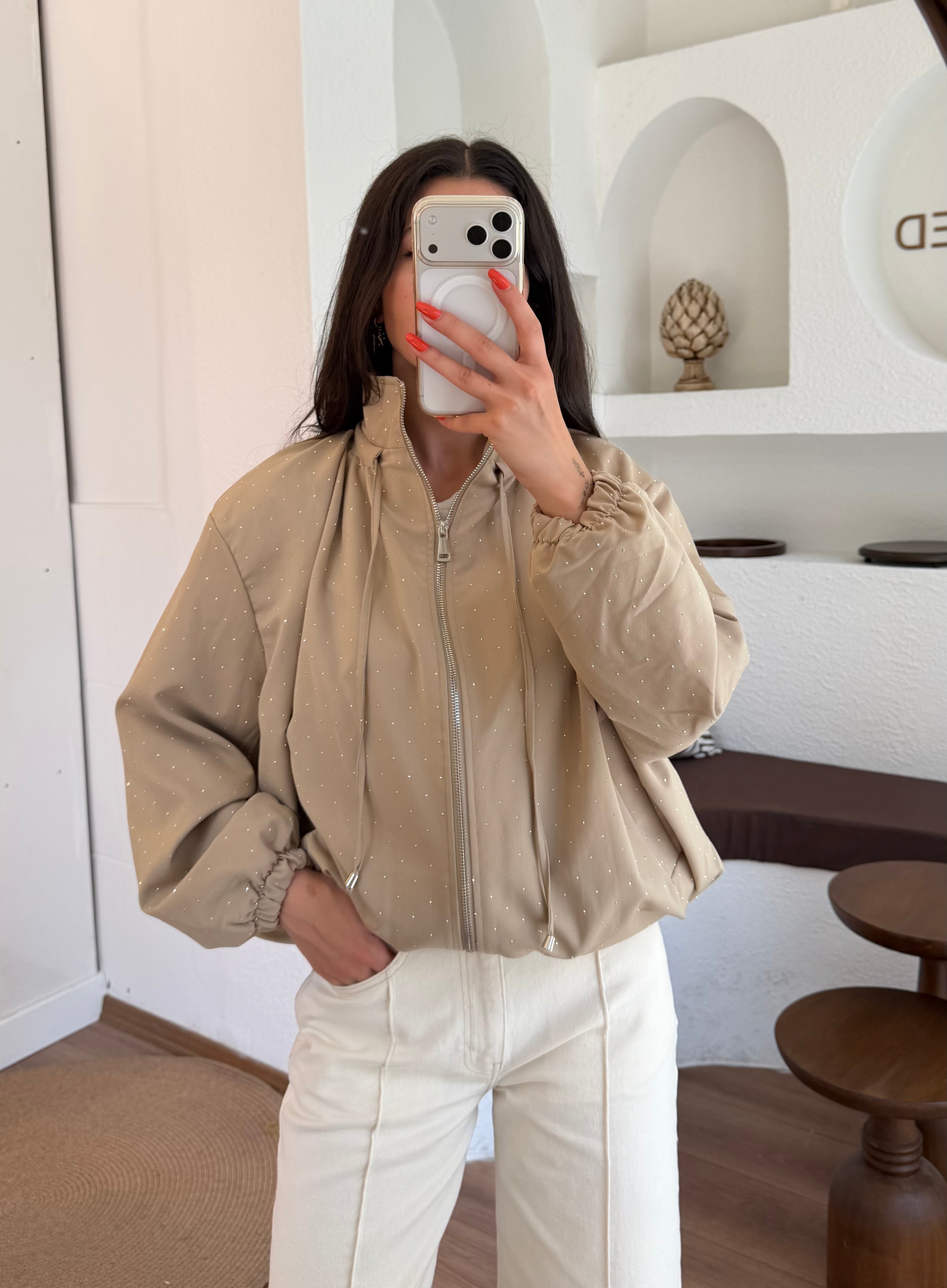 Taş detaylı camel bomber ceket