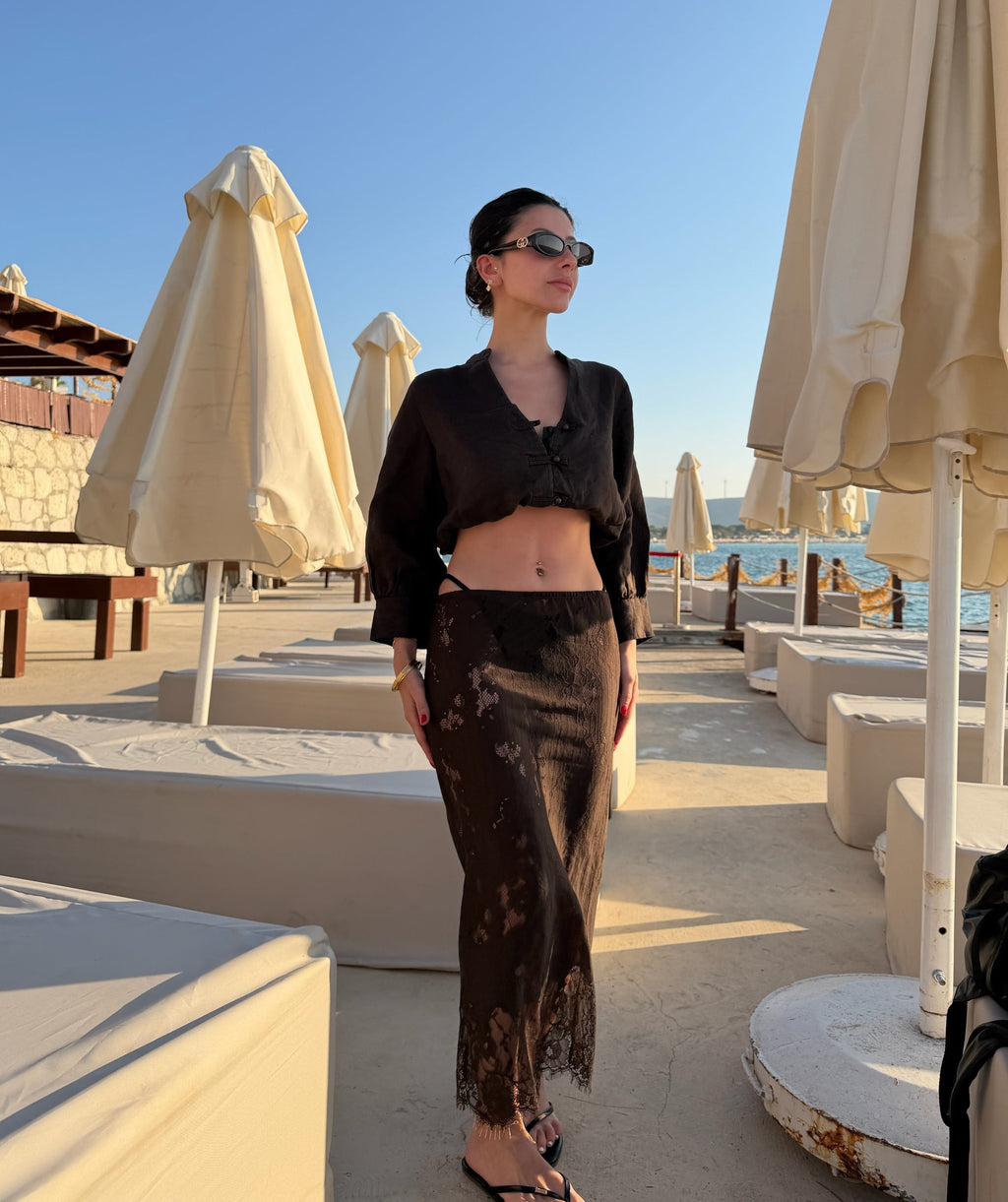 Dantel acı kahve beachwear etek