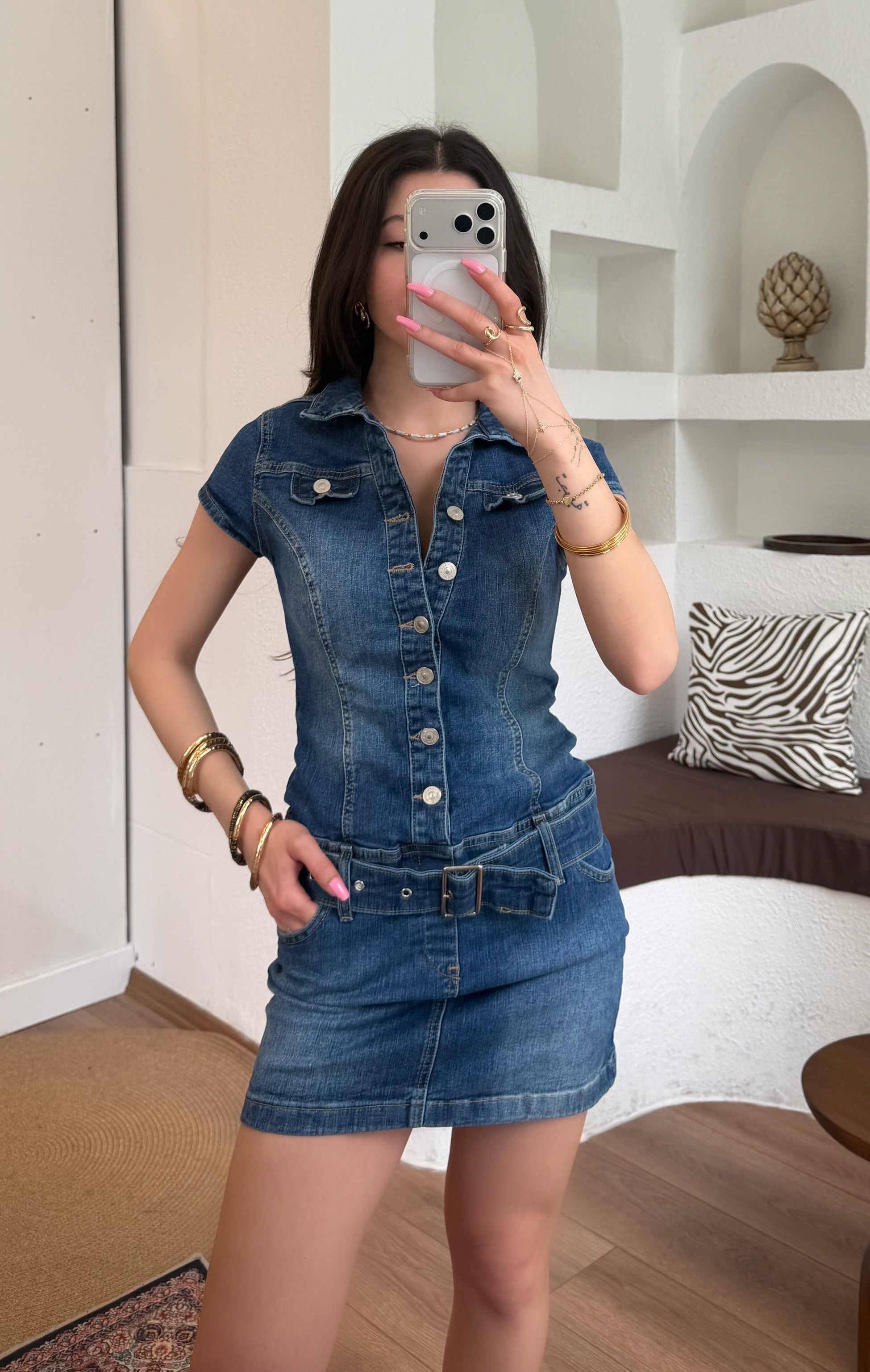 Denim kemerli elbise