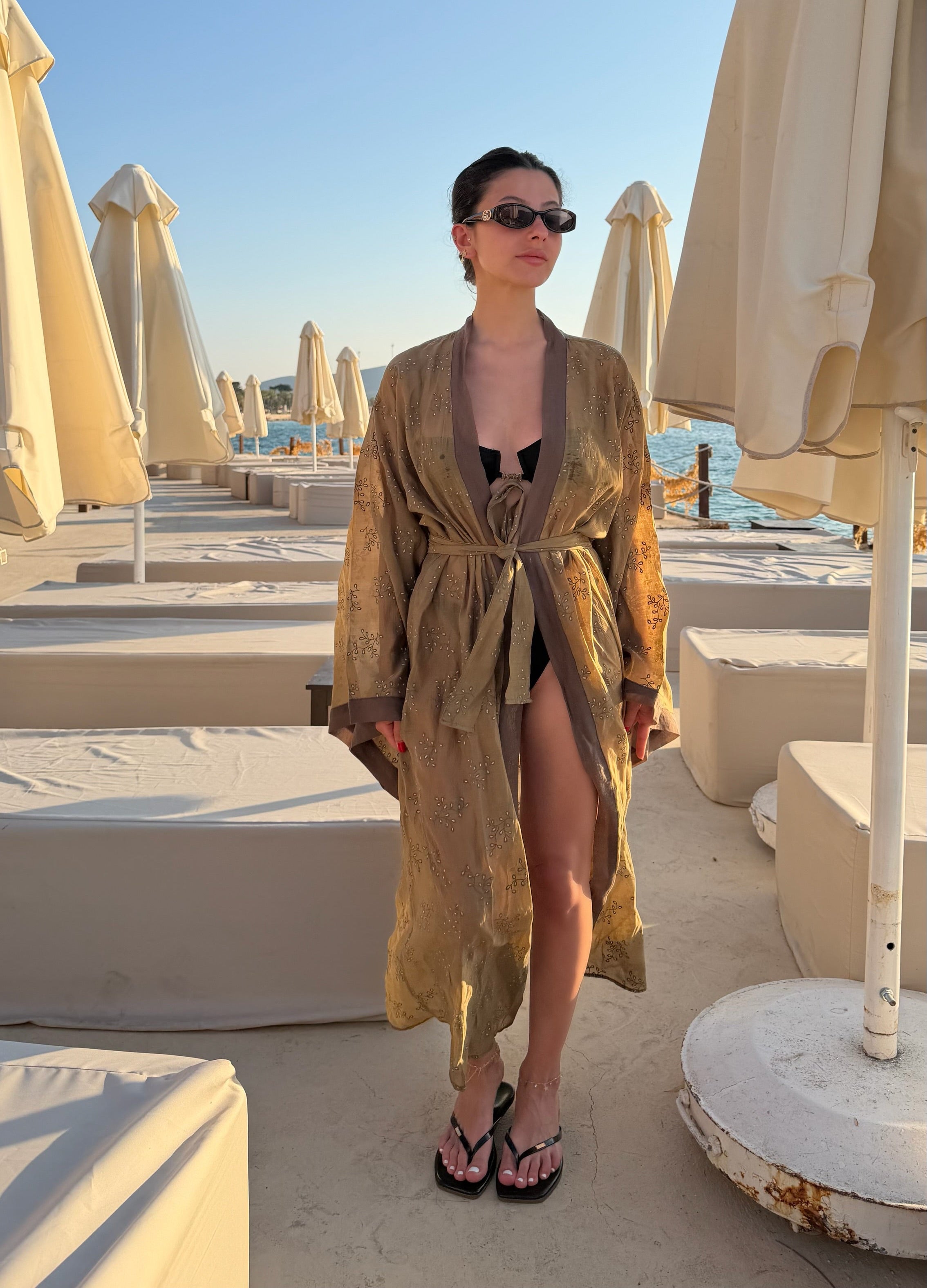 Kuşaklı işleme kimono-haki