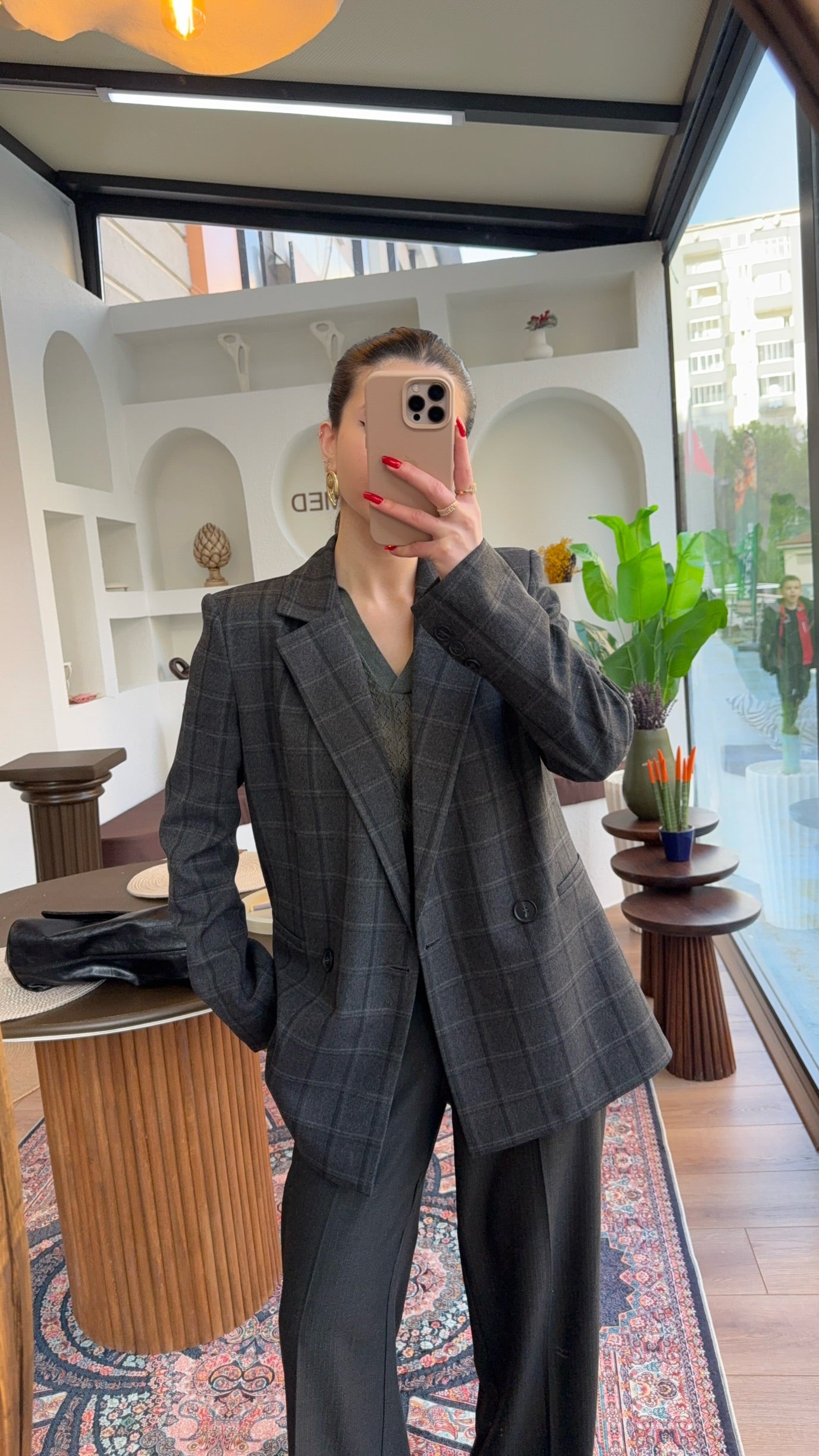 Ekose fit antrasit/gri blazer ceket