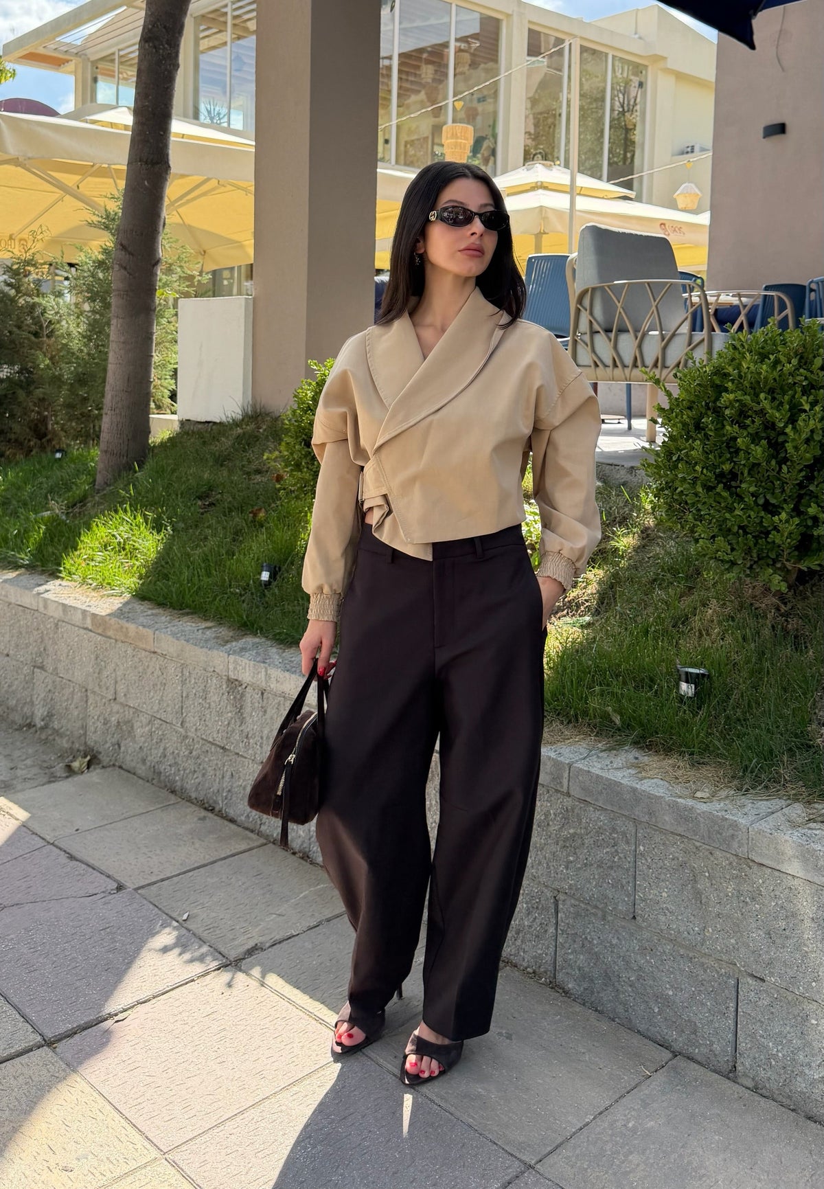 Kruvaze crop trenç ceket-camel
