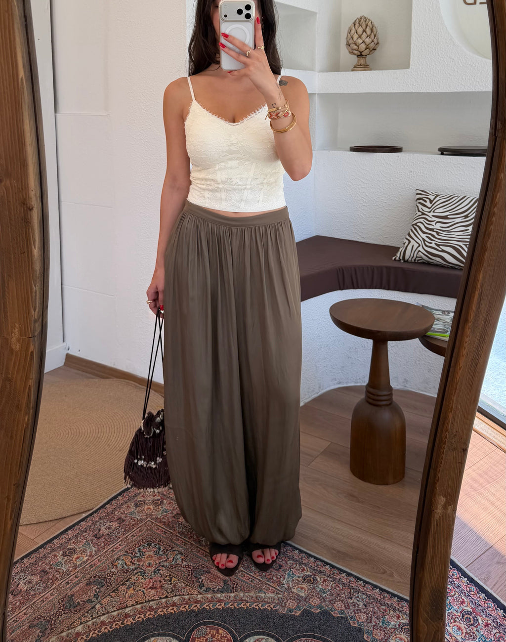 Saten şalvar pantolon-Haki