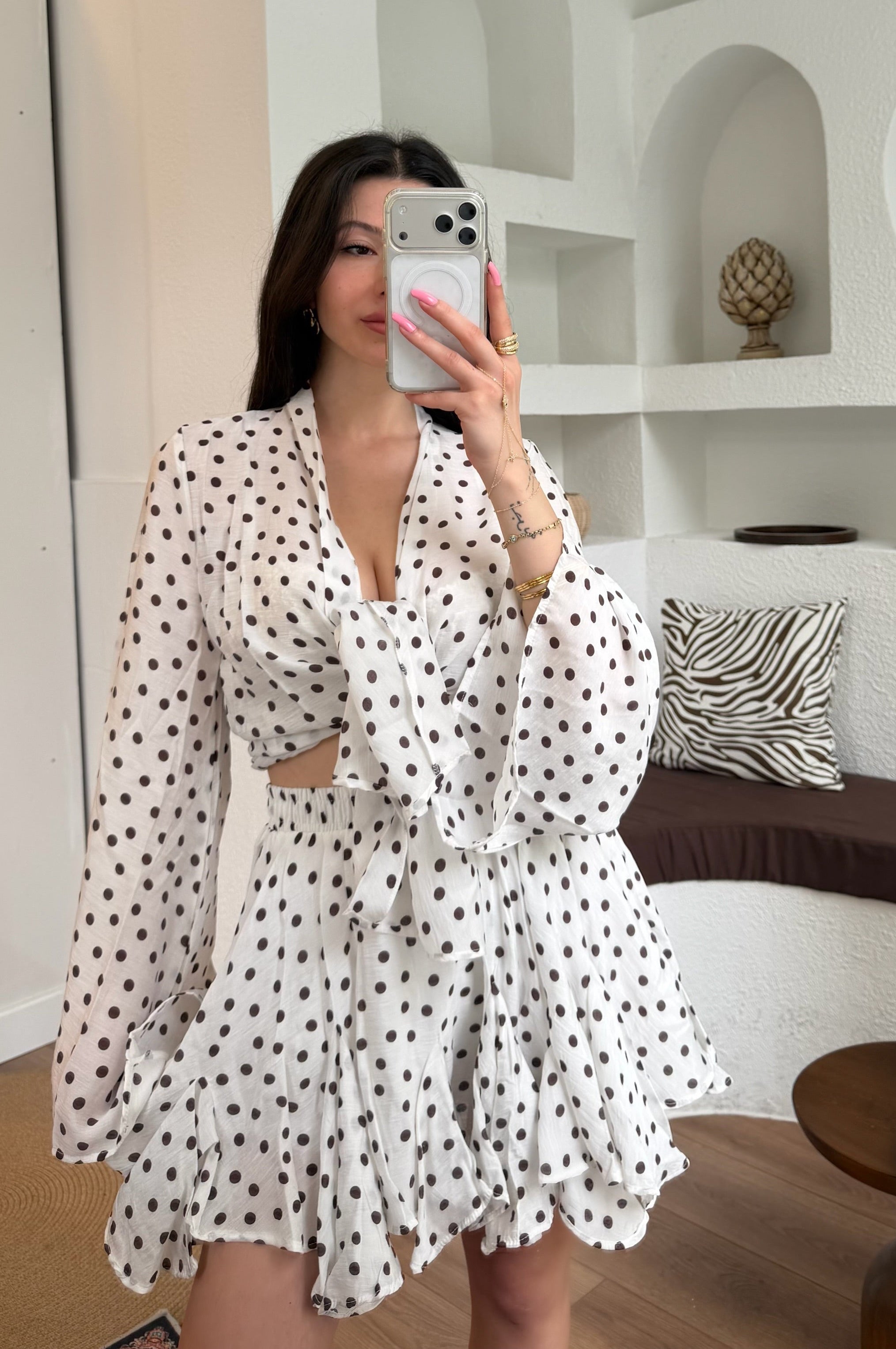 Puantiye etek kimono takım-beyaz