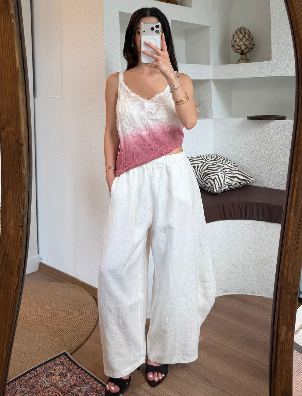 %100 keten şalvar-barrel leg pantolon-beyaz