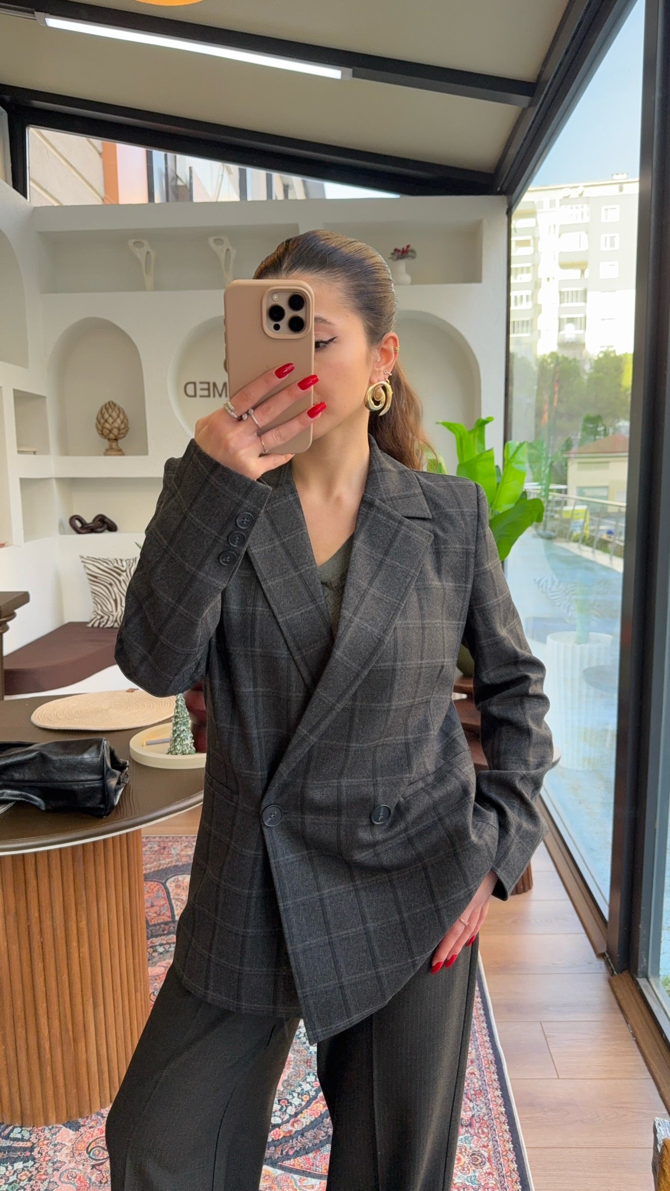 Ekose fit antrasit/gri blazer ceket