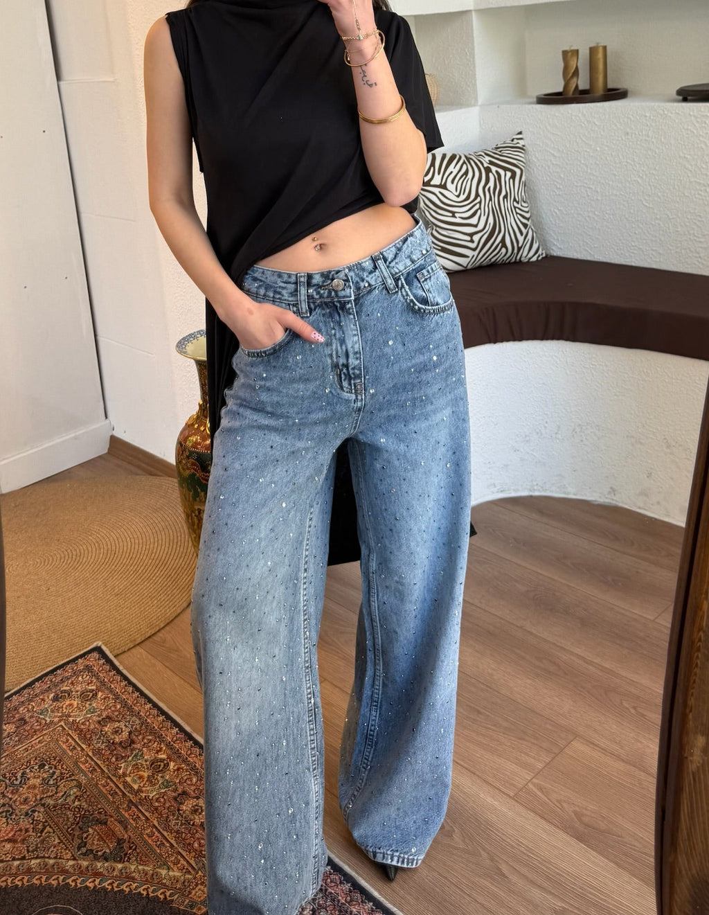 Taşlı mavi tensel jean