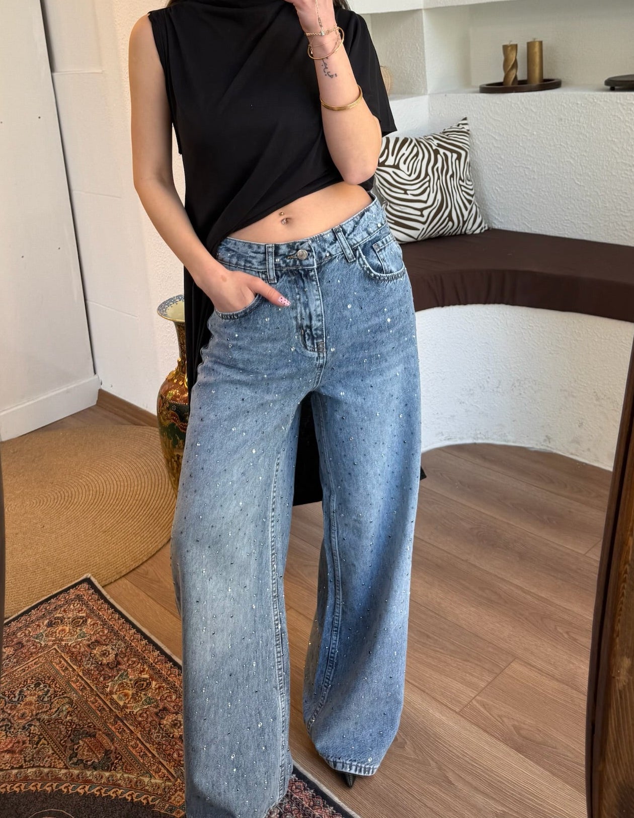 Taşlı mavi tensel jean