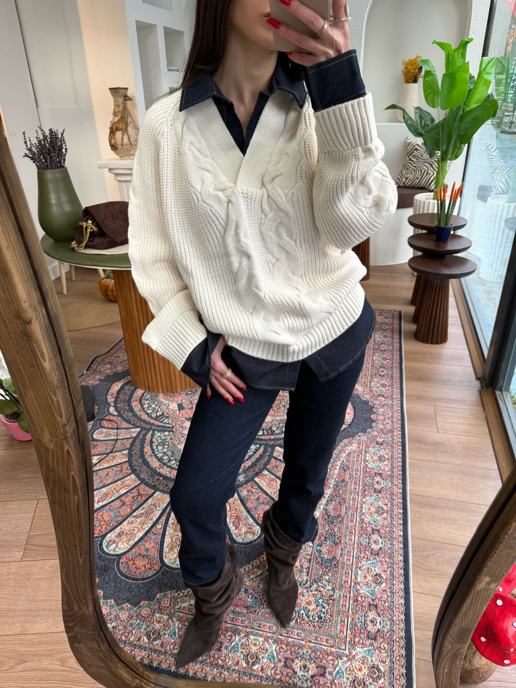 Kot detaylı saç örgü kazak