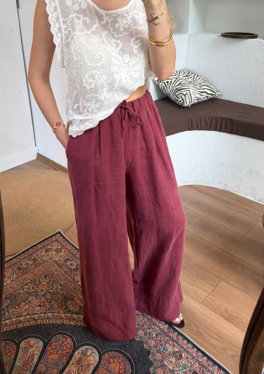 %100 ham keten pantolon-şarap bordosu