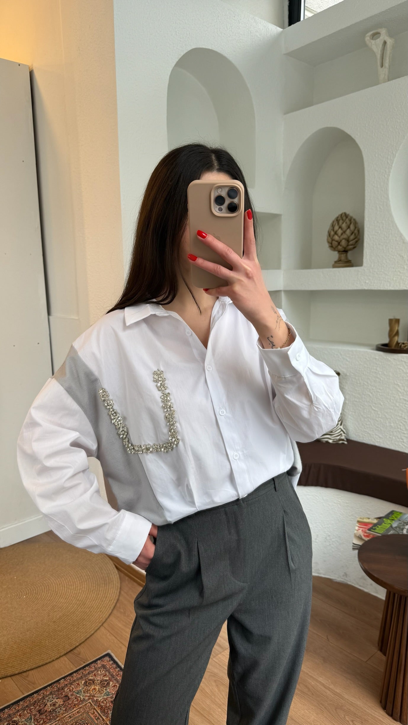 Twst model taşlı gri gömlek