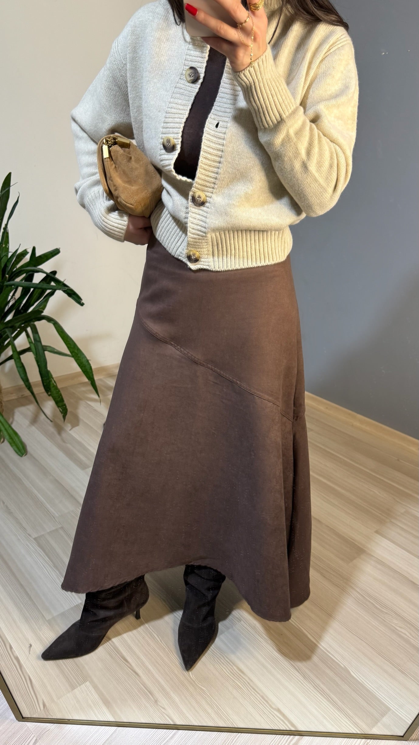 Kahve a-kesim midi süet etek