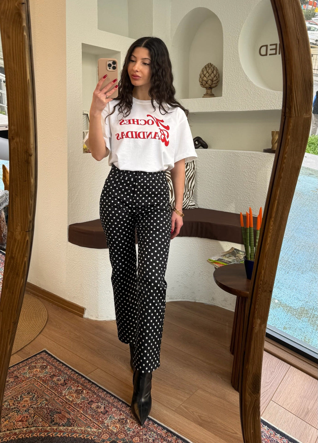 Puantiye siyah-beyaz pantolon