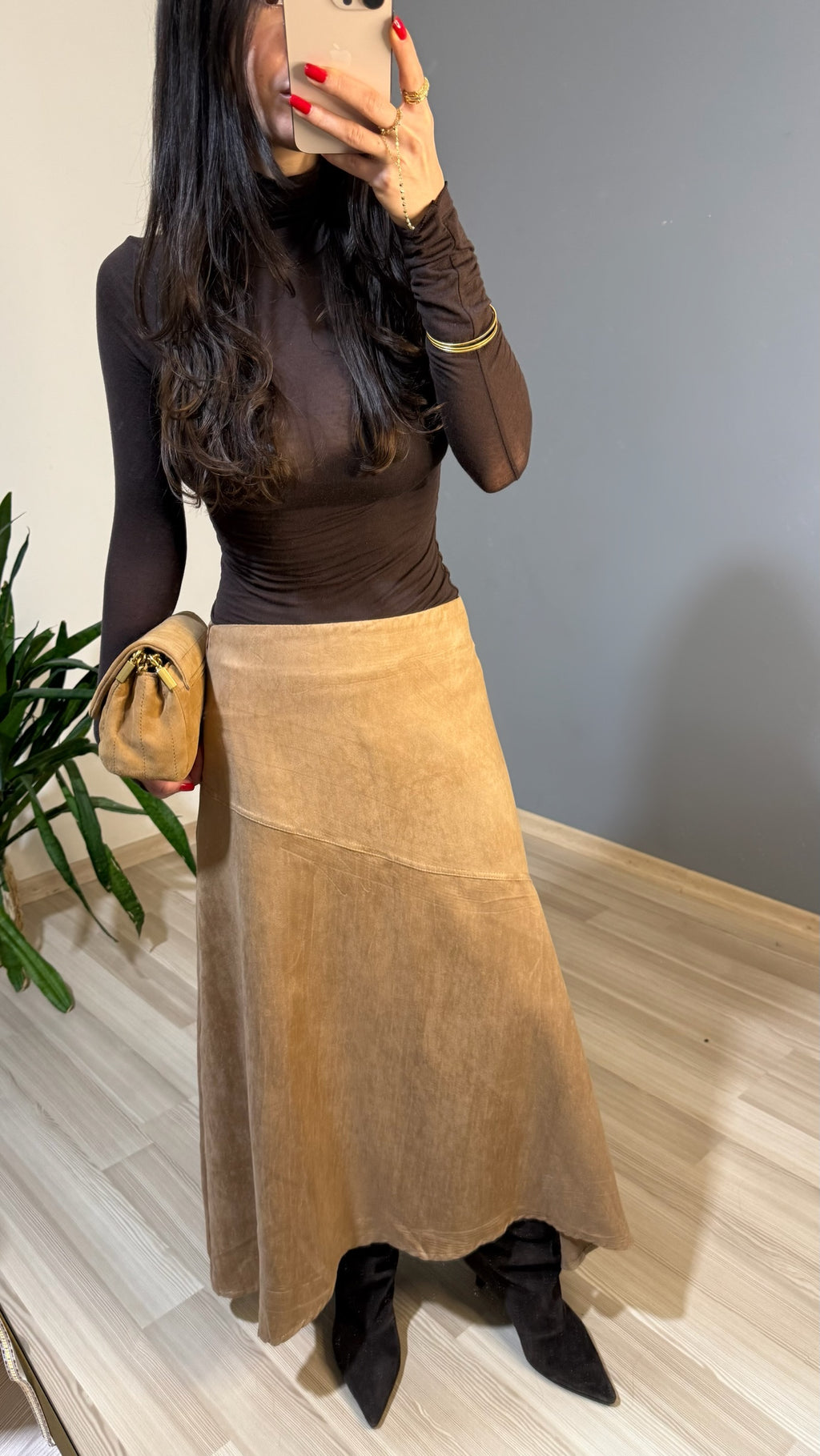 Kum kahve a-kesim midi süet etek