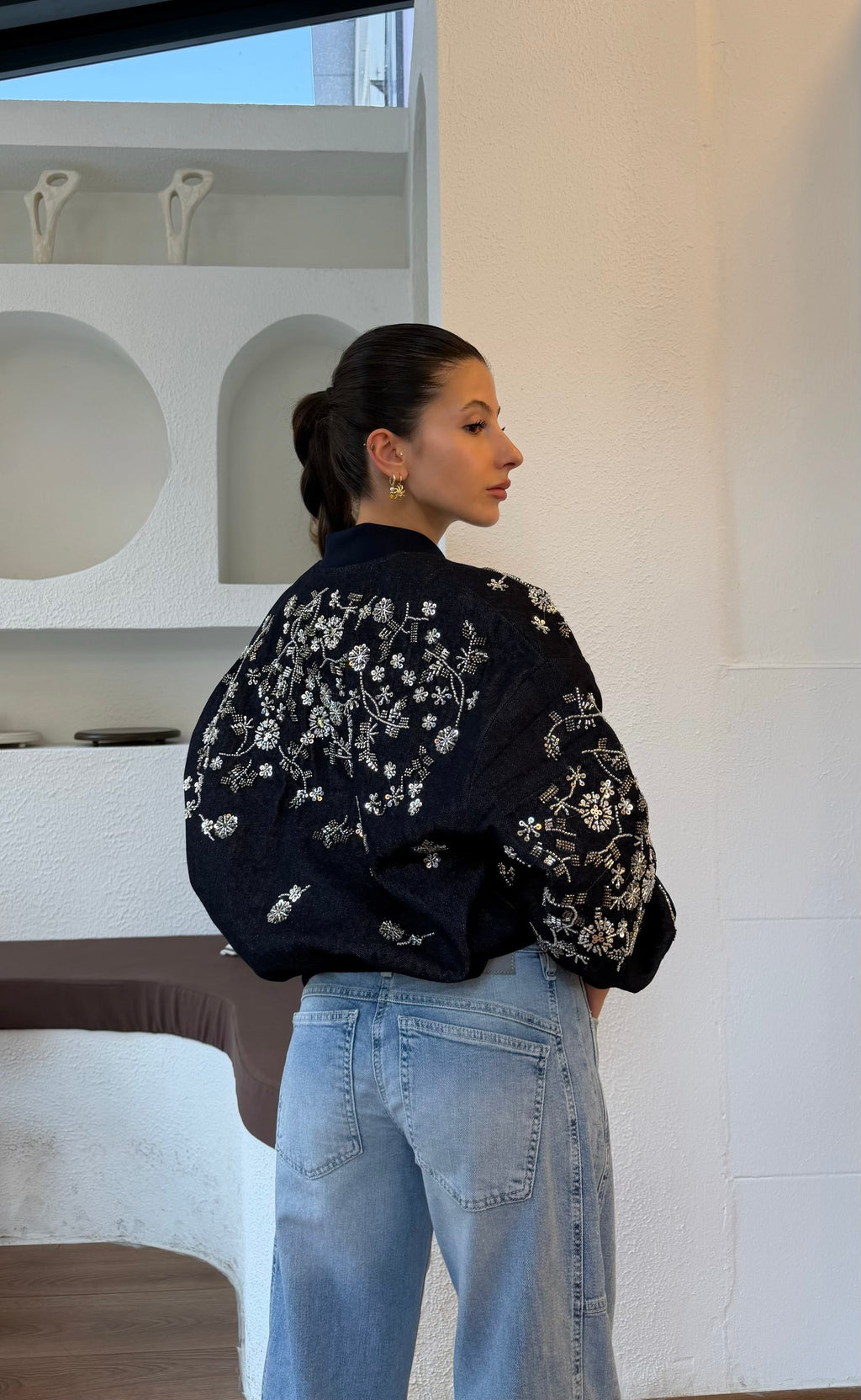 İşlemeli ithal ceket-Denim