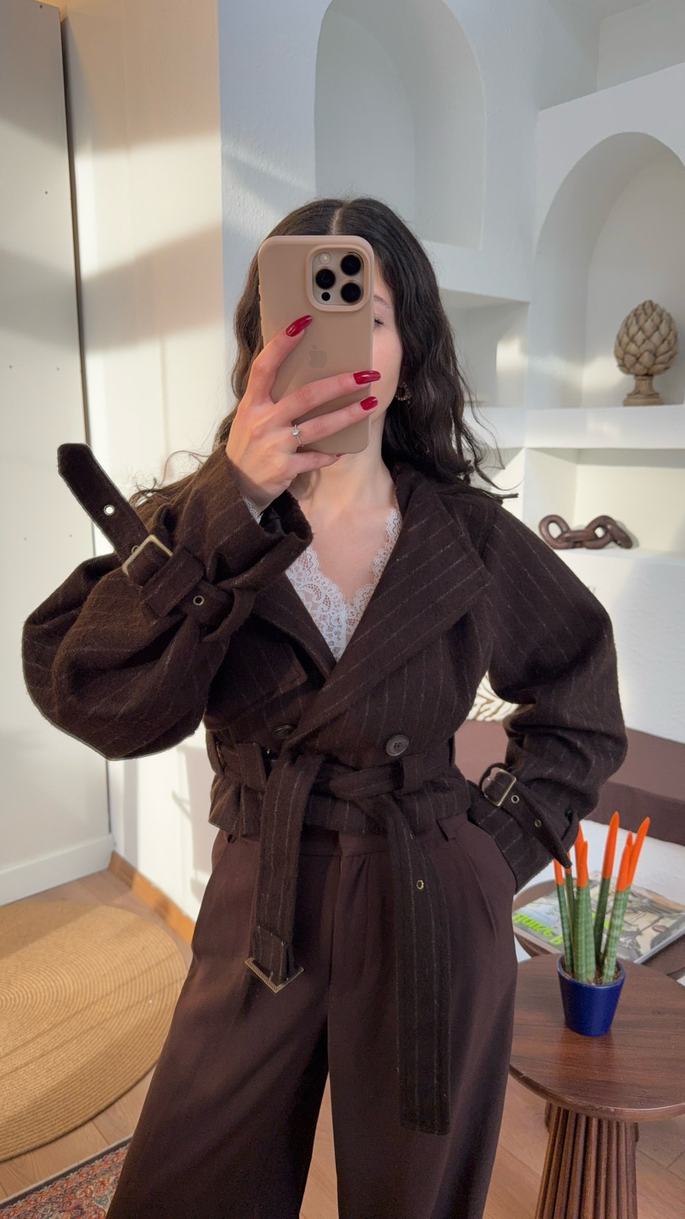 Kaşe kemerli crop ceket