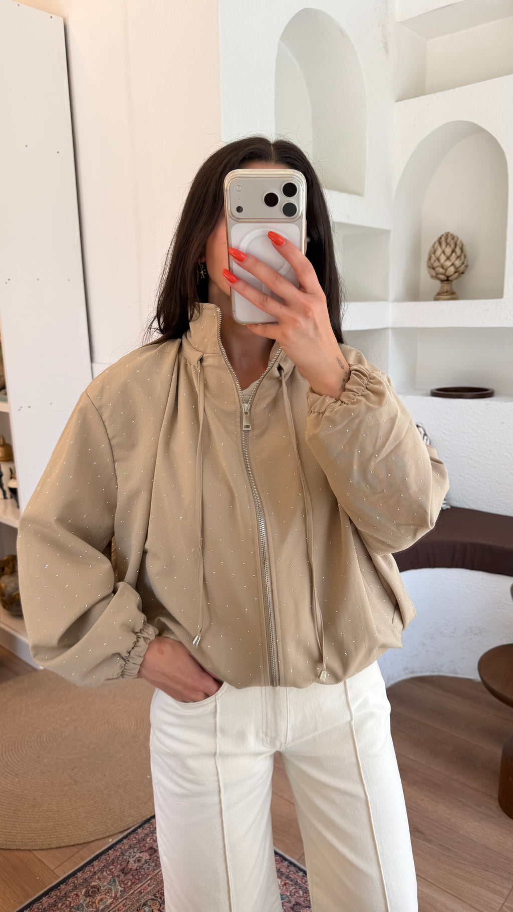 Taş detaylı camel bomber ceket
