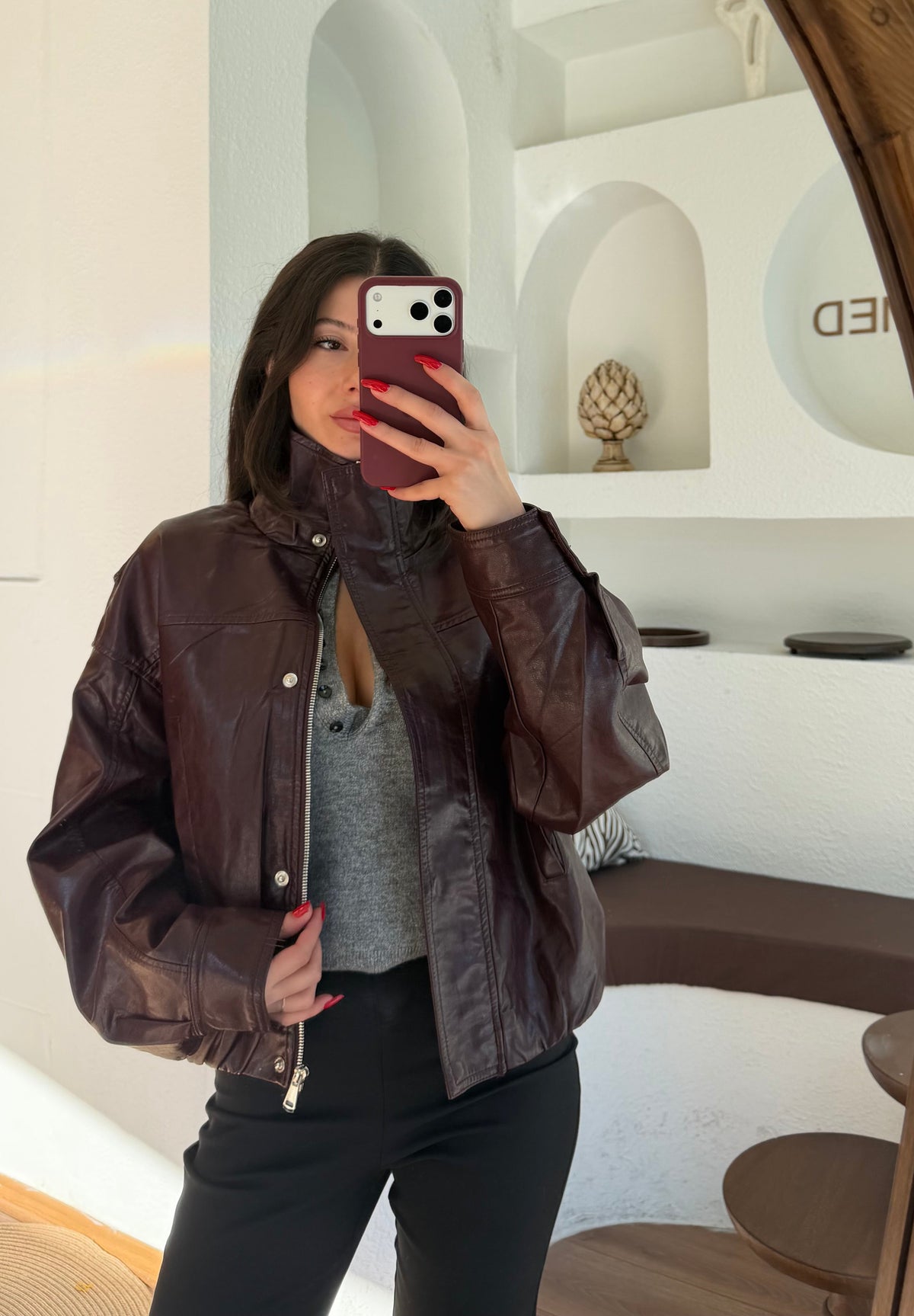 Dik yaka deri ceket-bordo