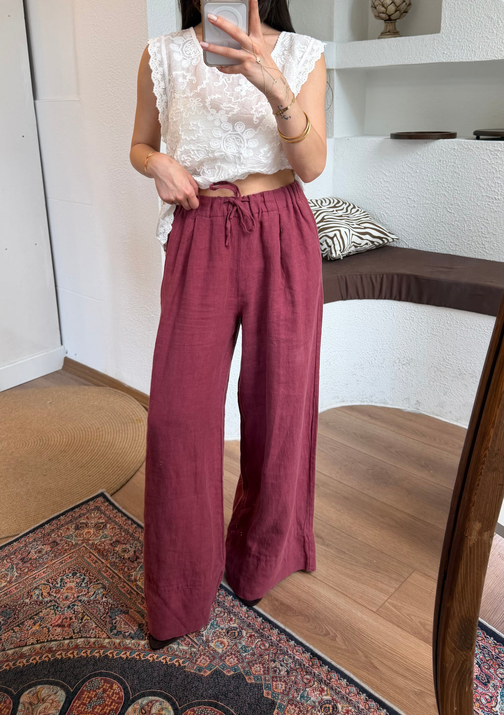 %100 ham keten pantolon-şarap bordosu