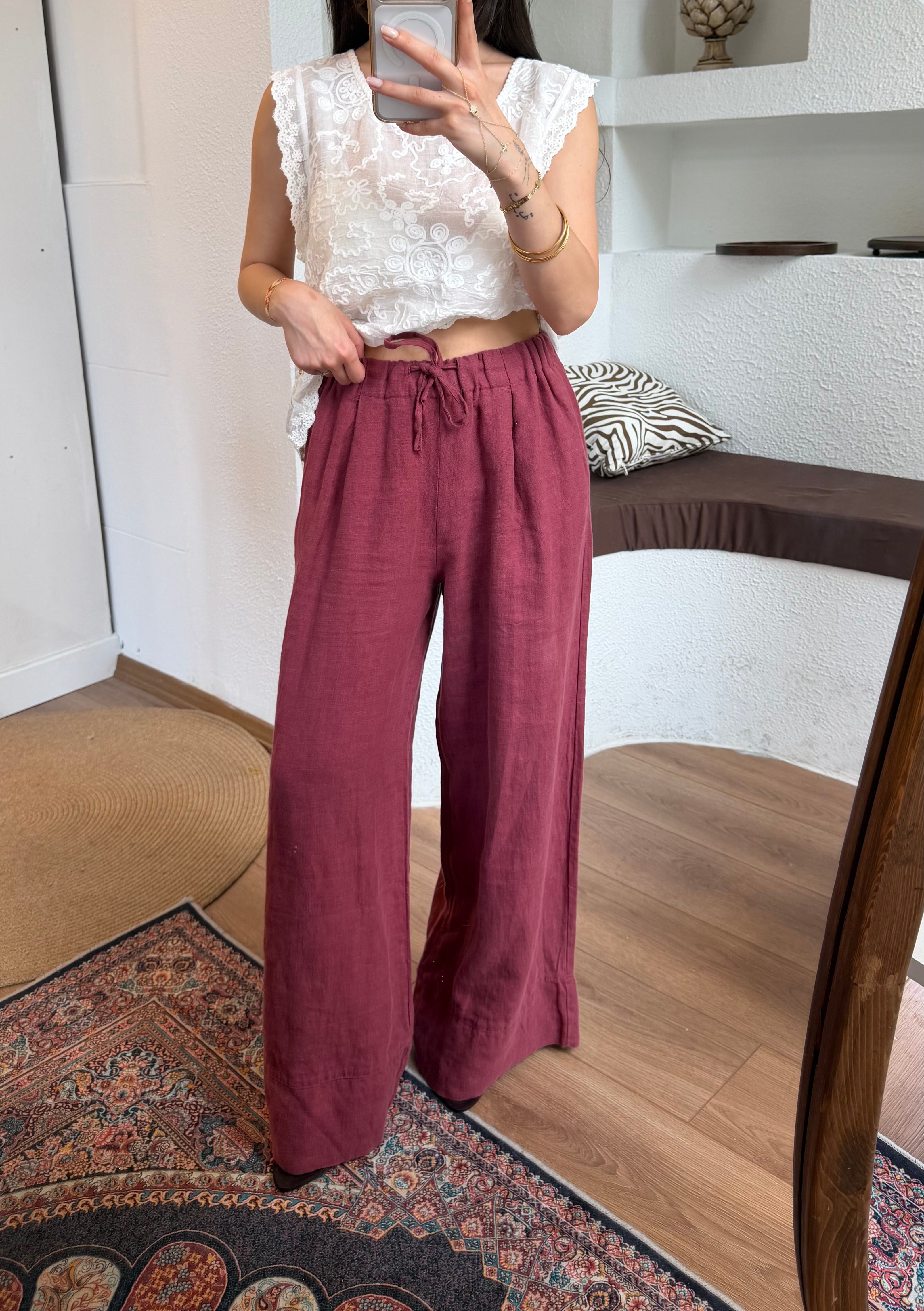 %100 ham keten pantolon-şarap bordosu