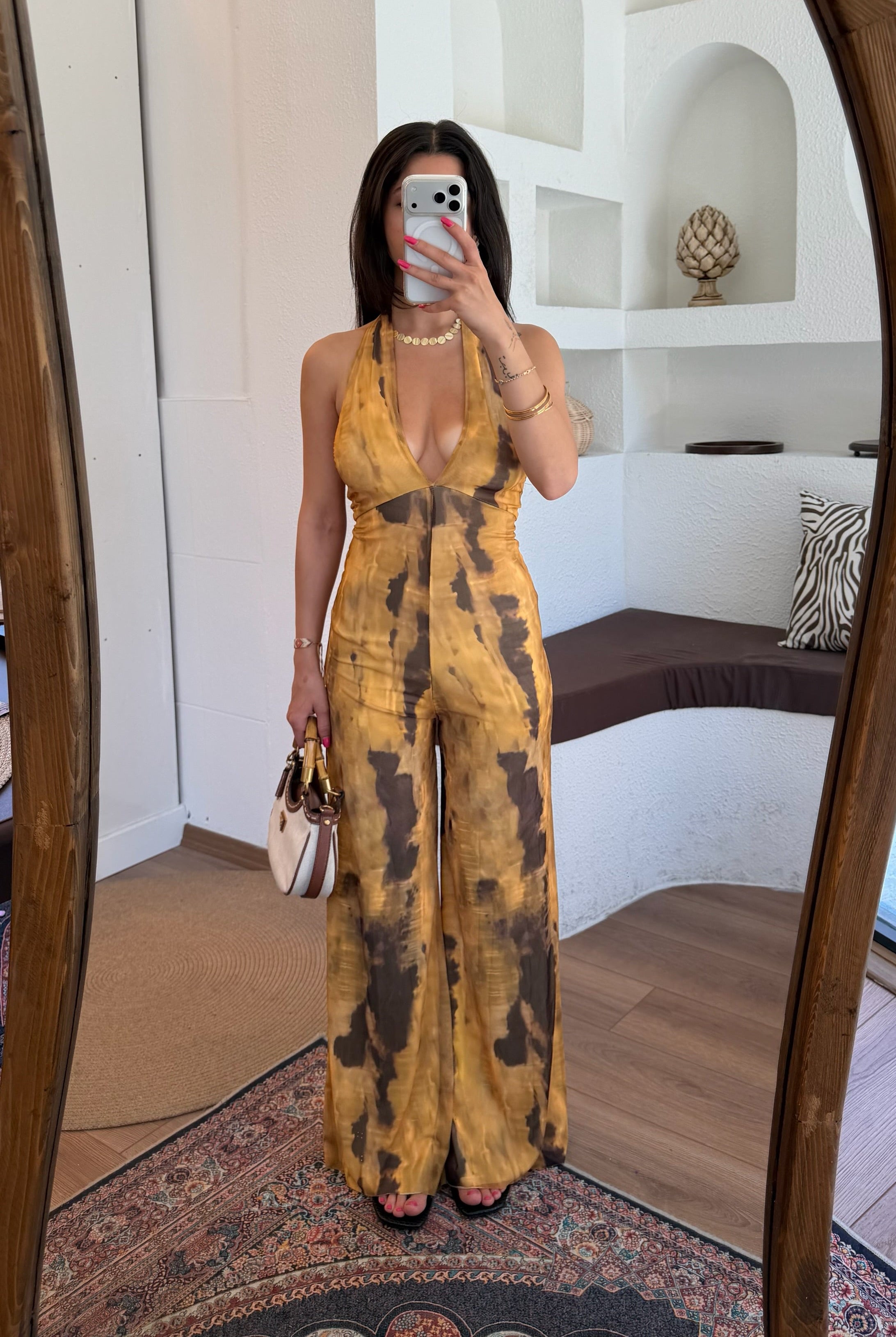 Batik desen sırt dekolteli tulum