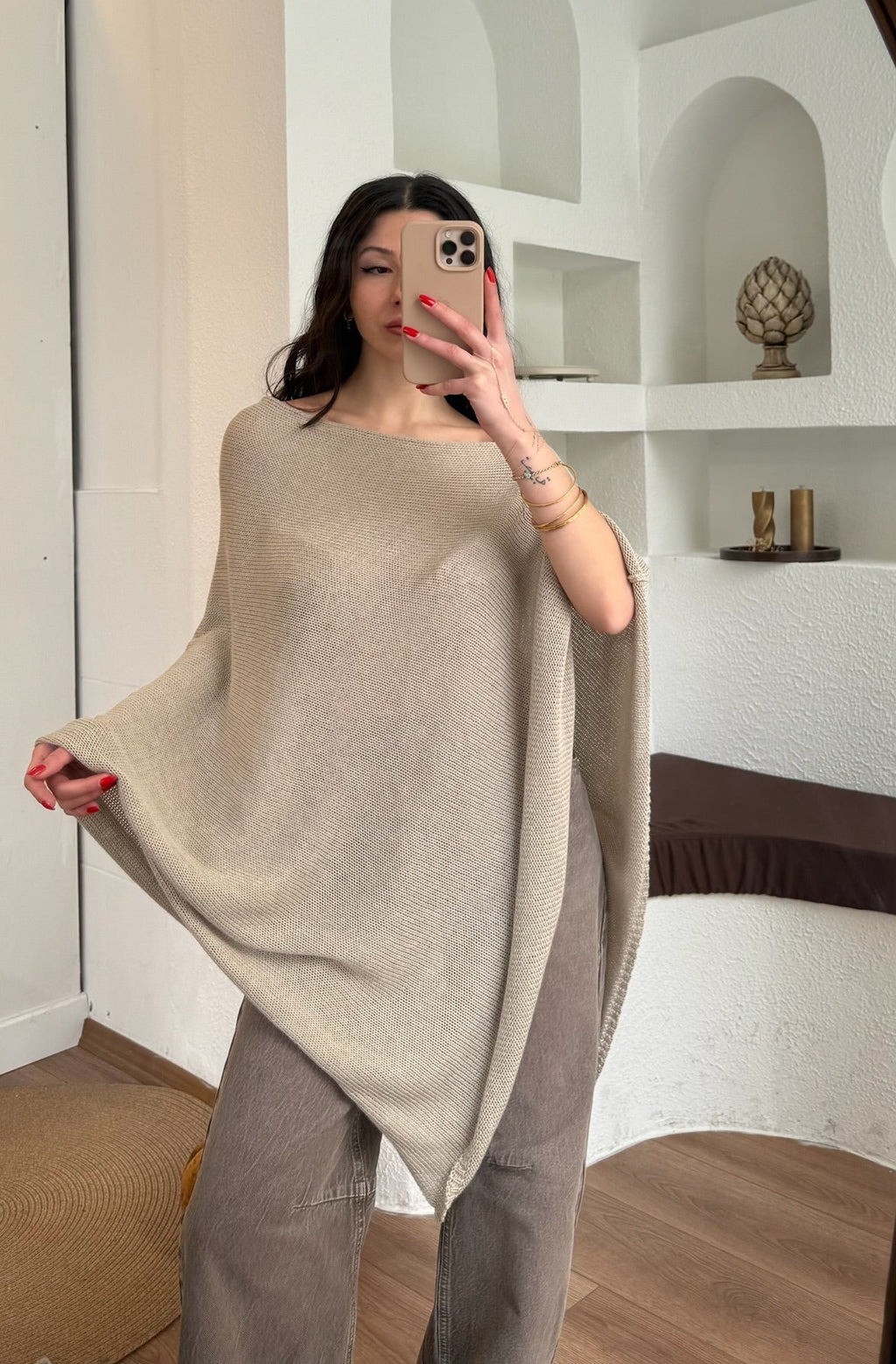 Asimetrik pamuklu pelerin bluz