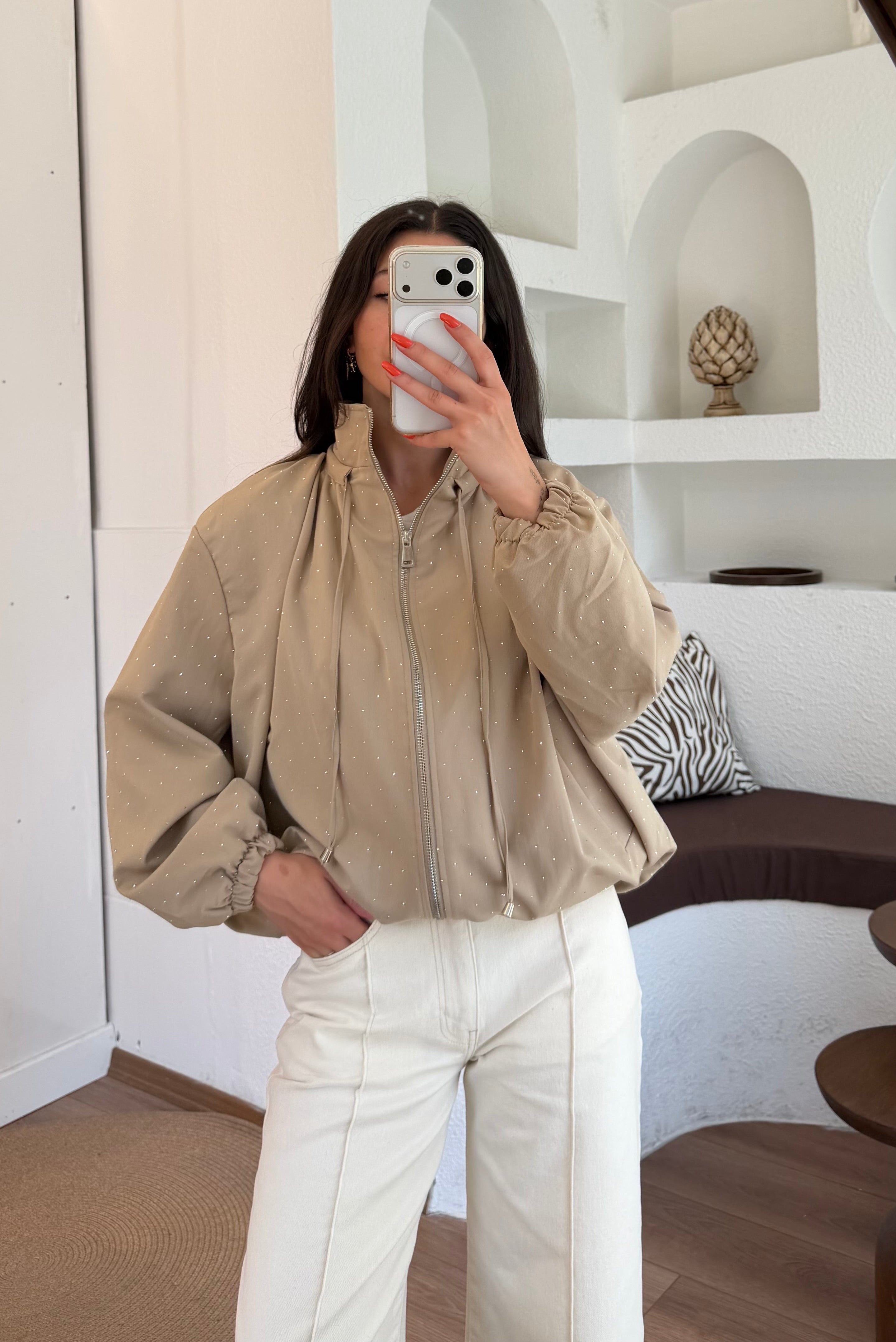 Taş detaylı camel bomber ceket