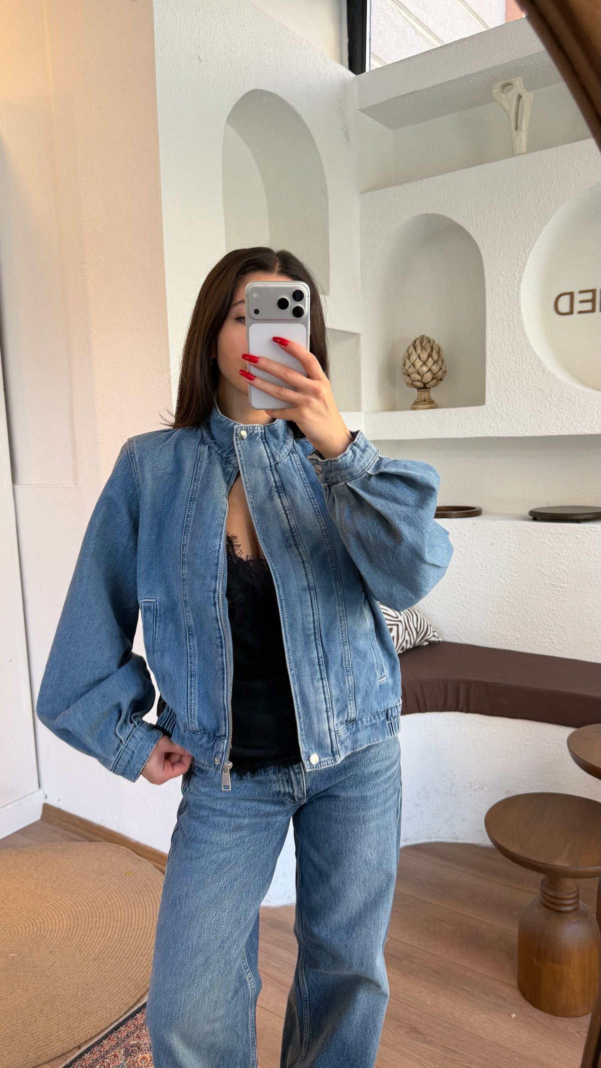 Yarım Dik Yaka Orta Boy Denim Ceket