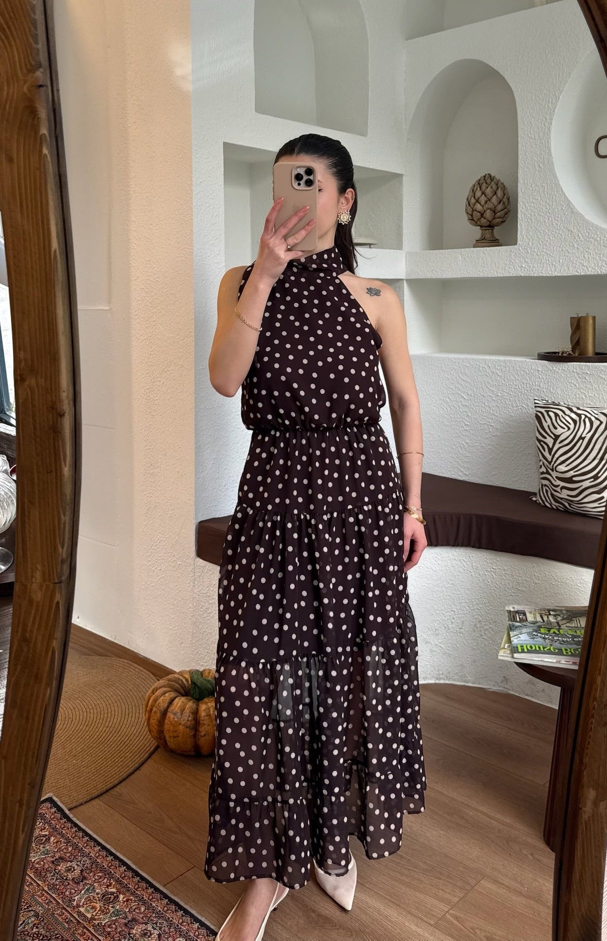 Puantiye kahve şifon elbise