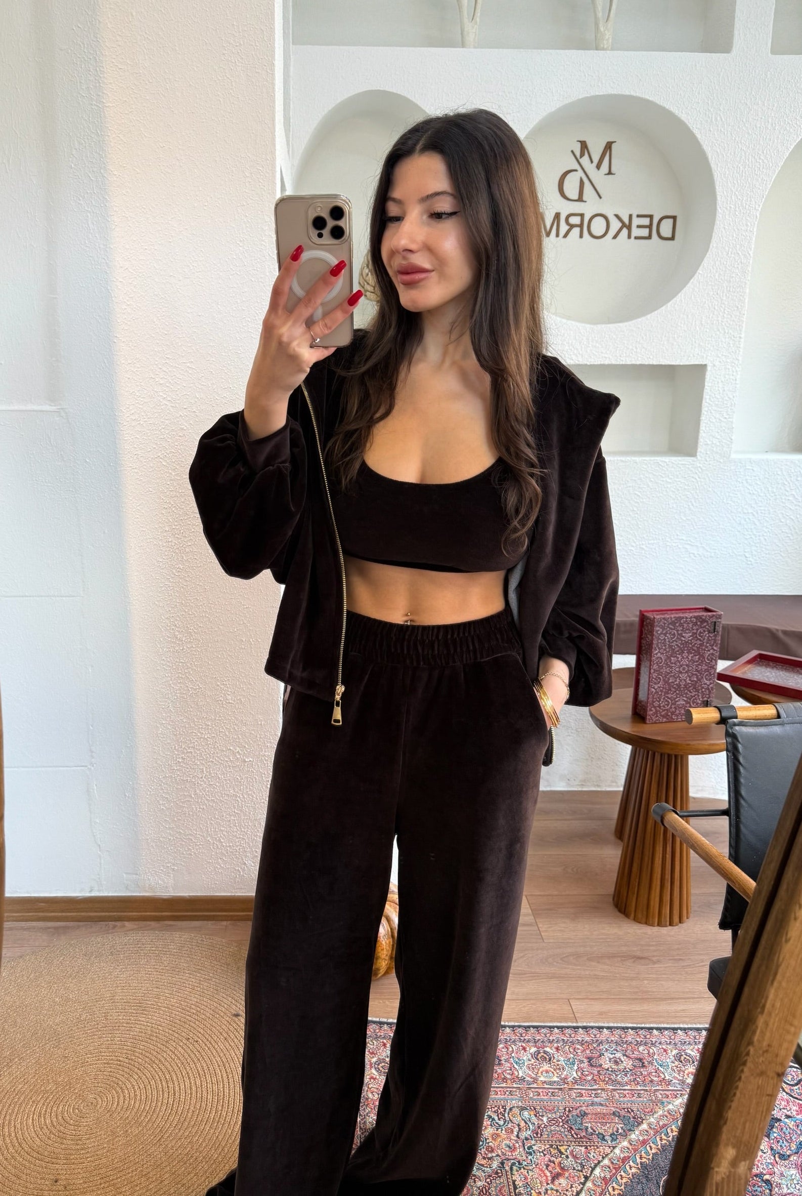 Acı kahve kadife 3lü takım