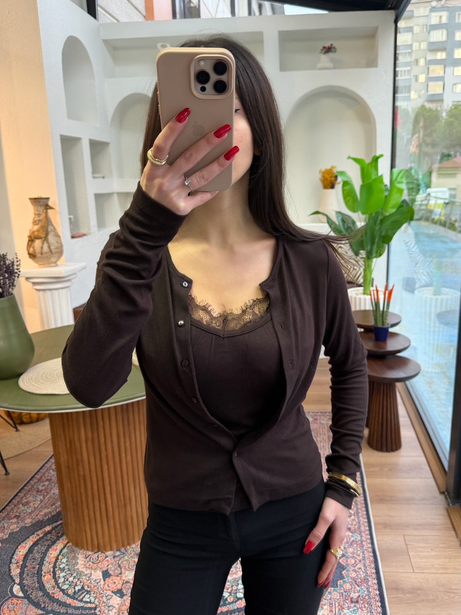 Dantel kahve bluz bitişik hırka