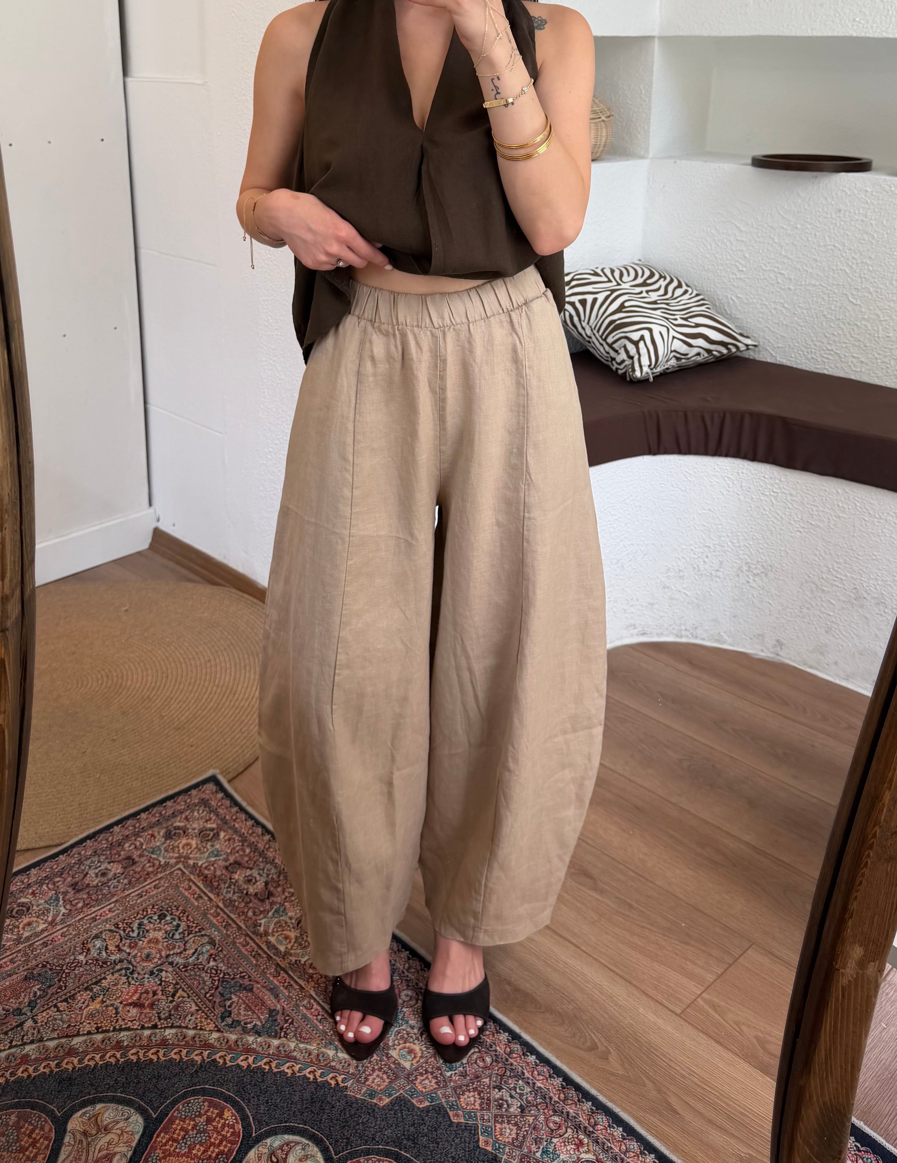 %100 keten barrel-leg pantolon-bej