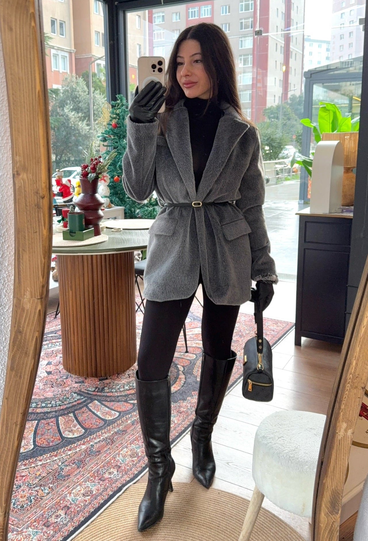 Kırçıl kemerli gri ceket