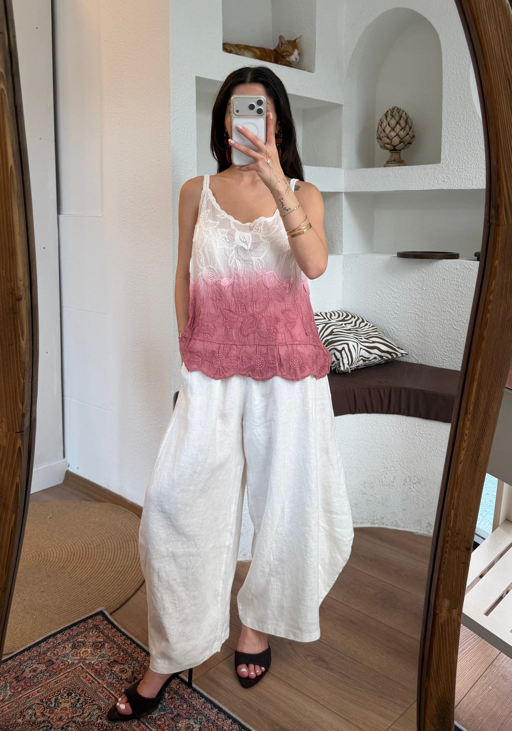 İthal desenli sıçratma pembe bluz