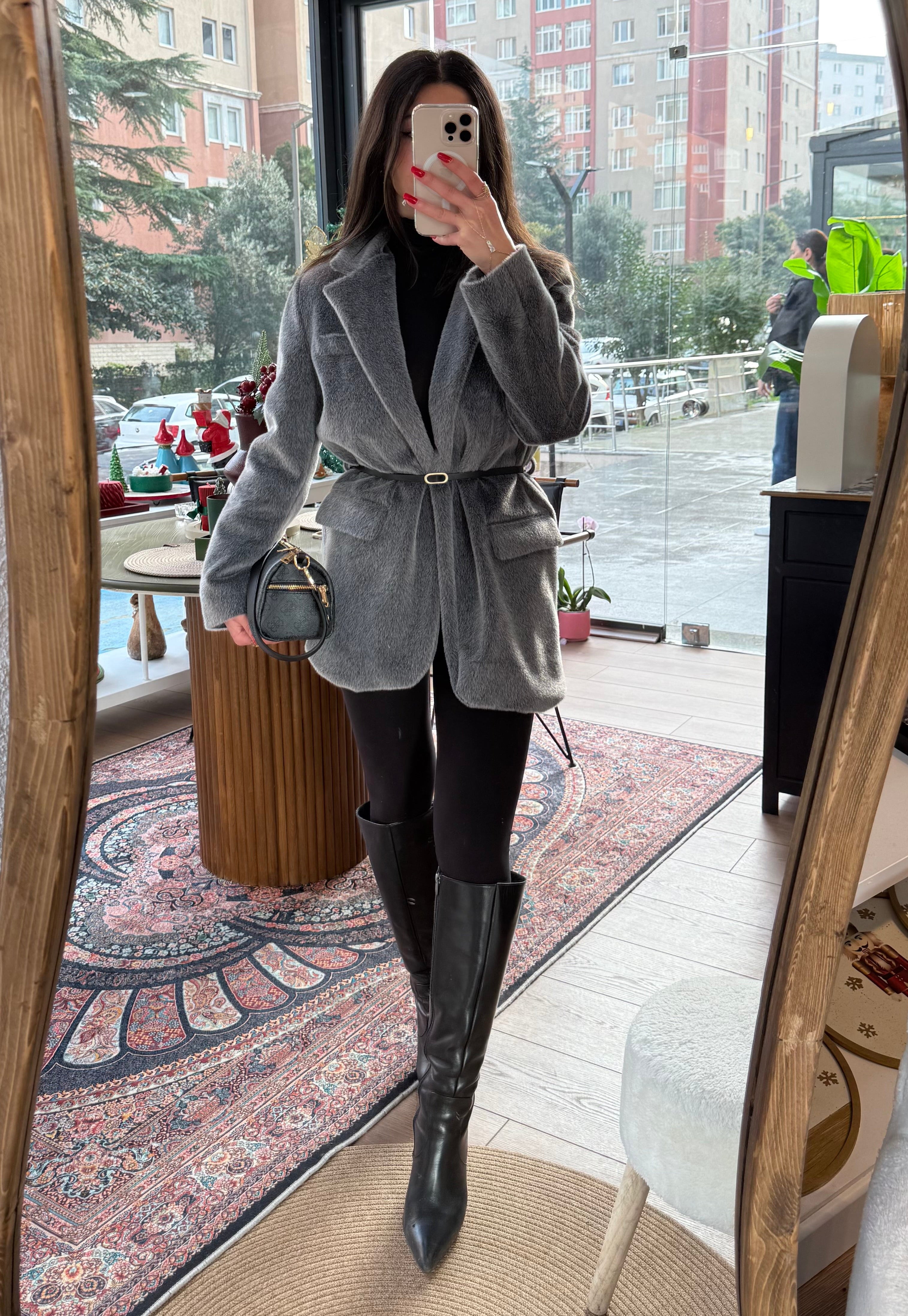 Kırçıl kemerli gri ceket