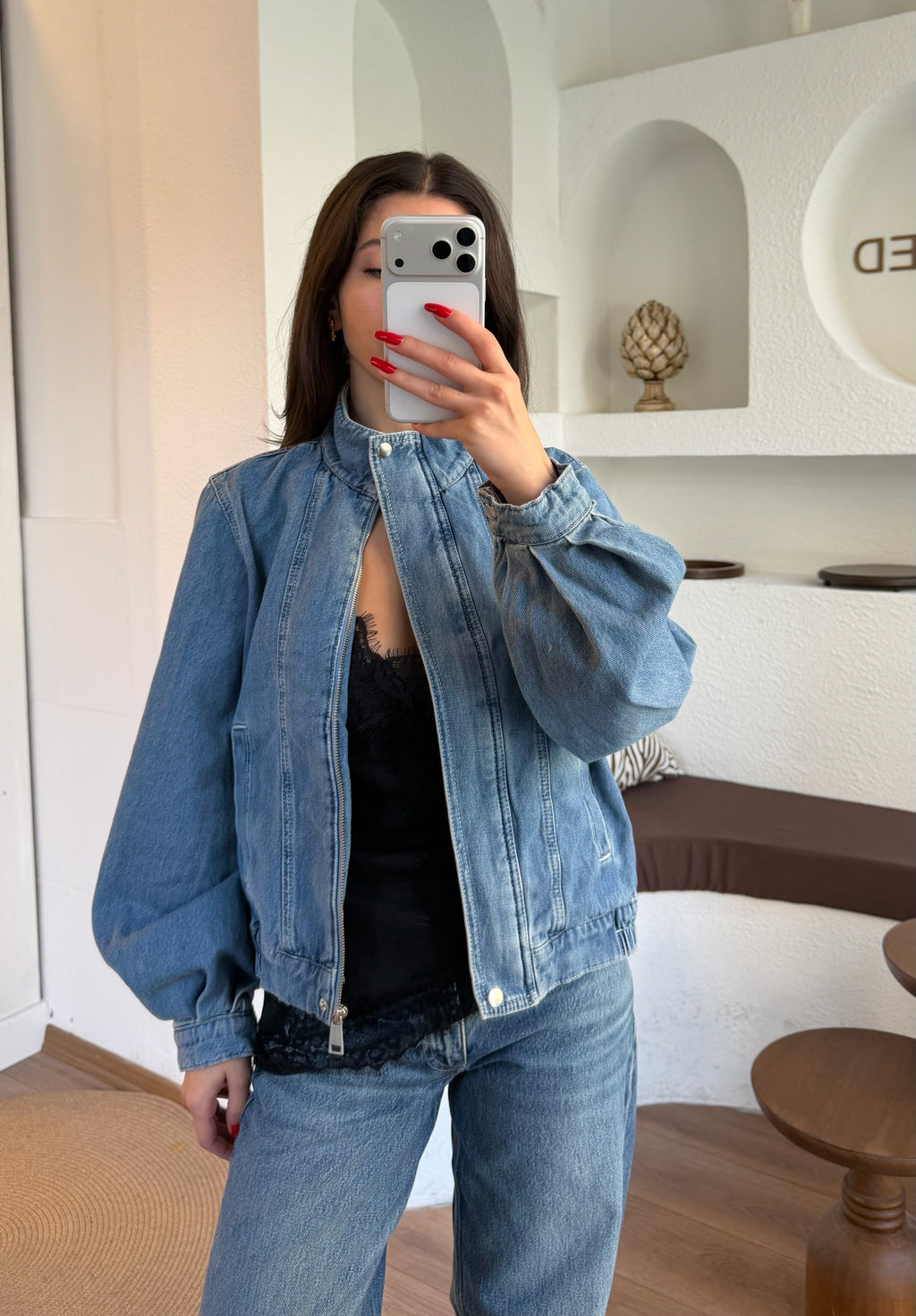 Yarım Dik Yaka Orta Boy Denim Ceket