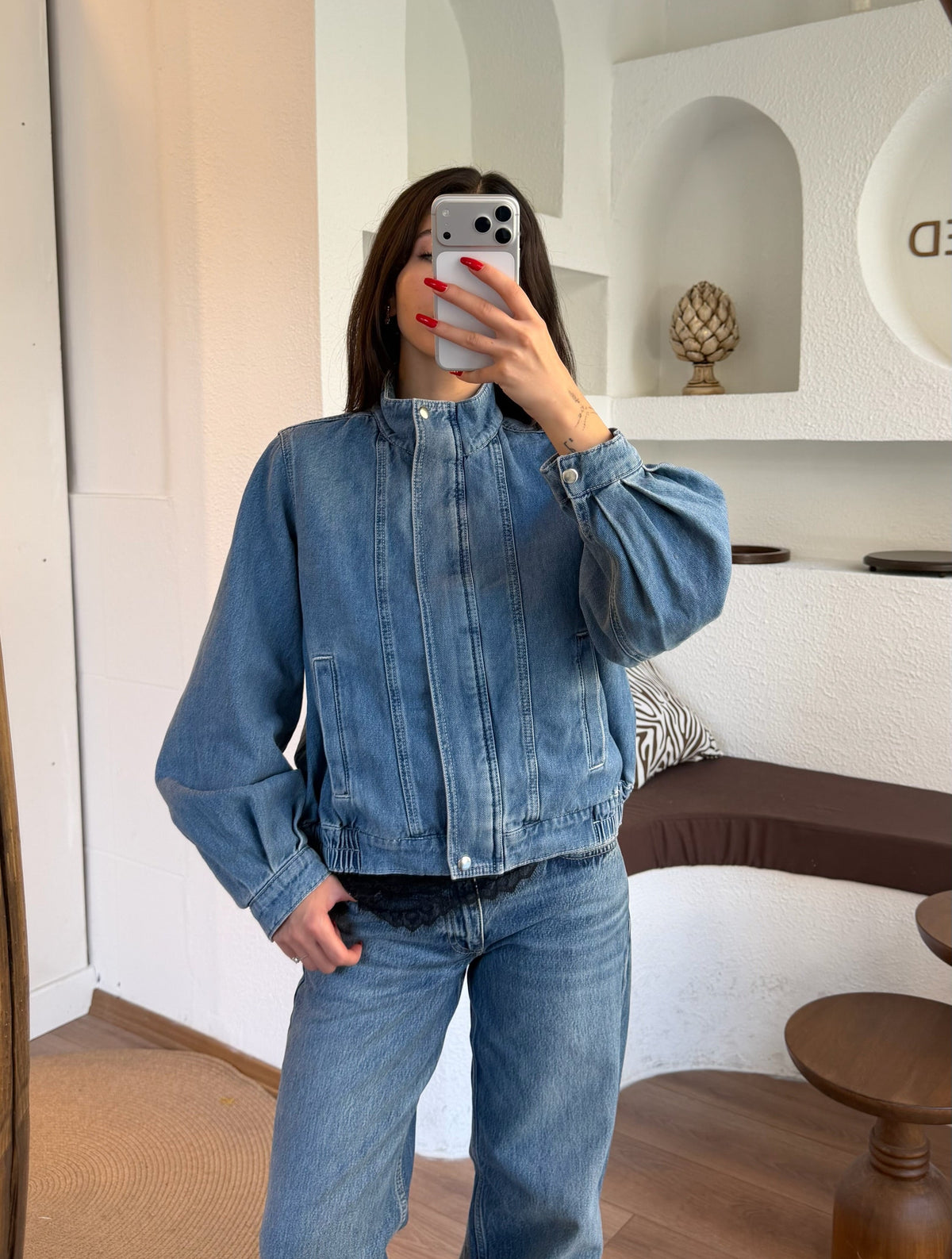 Yarım Dik Yaka Orta Boy Denim Ceket