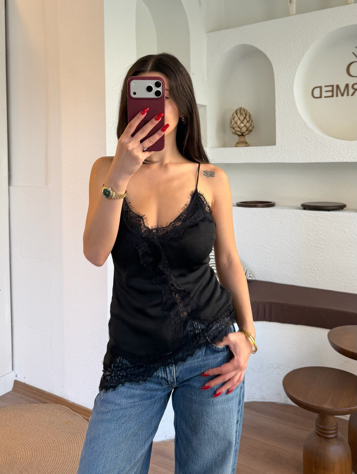 Mngo dantelli askılı triko