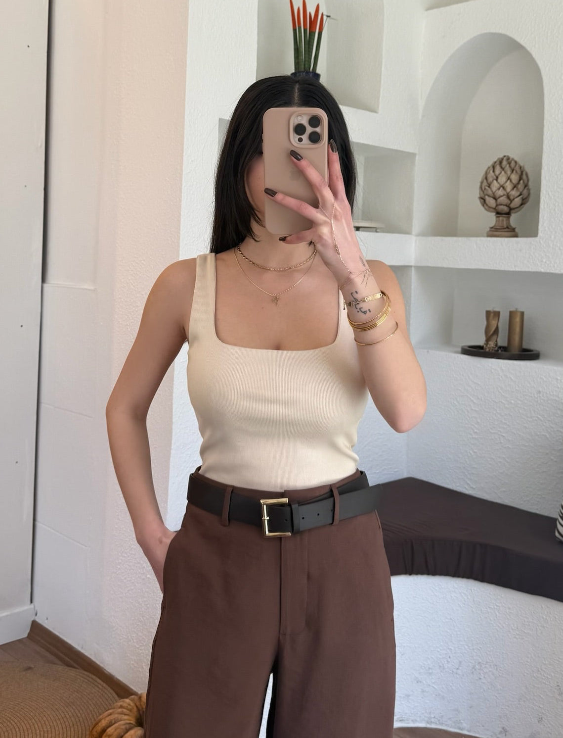 Kare yaka askılı bluz