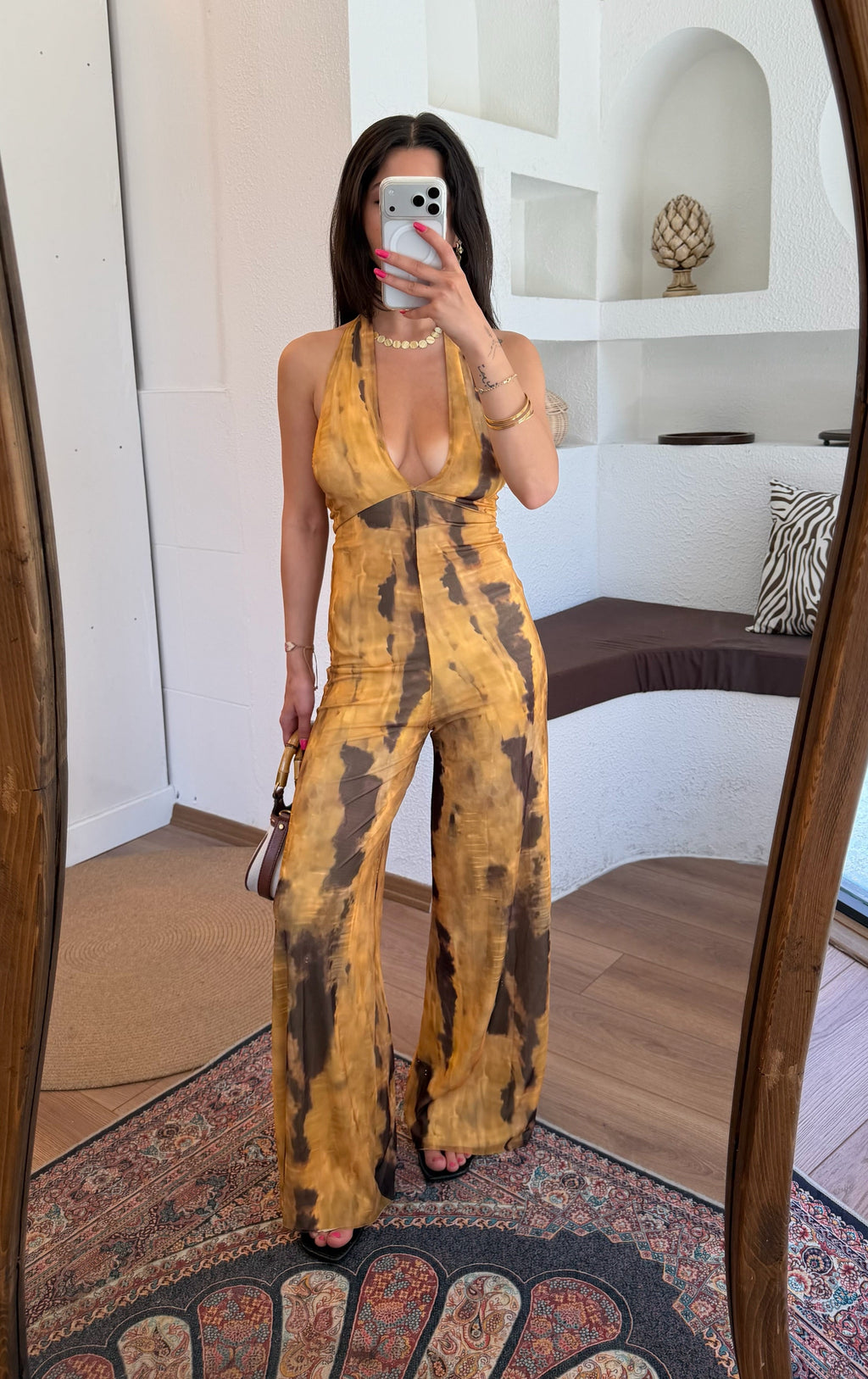Batik desen sırt dekolteli tulum