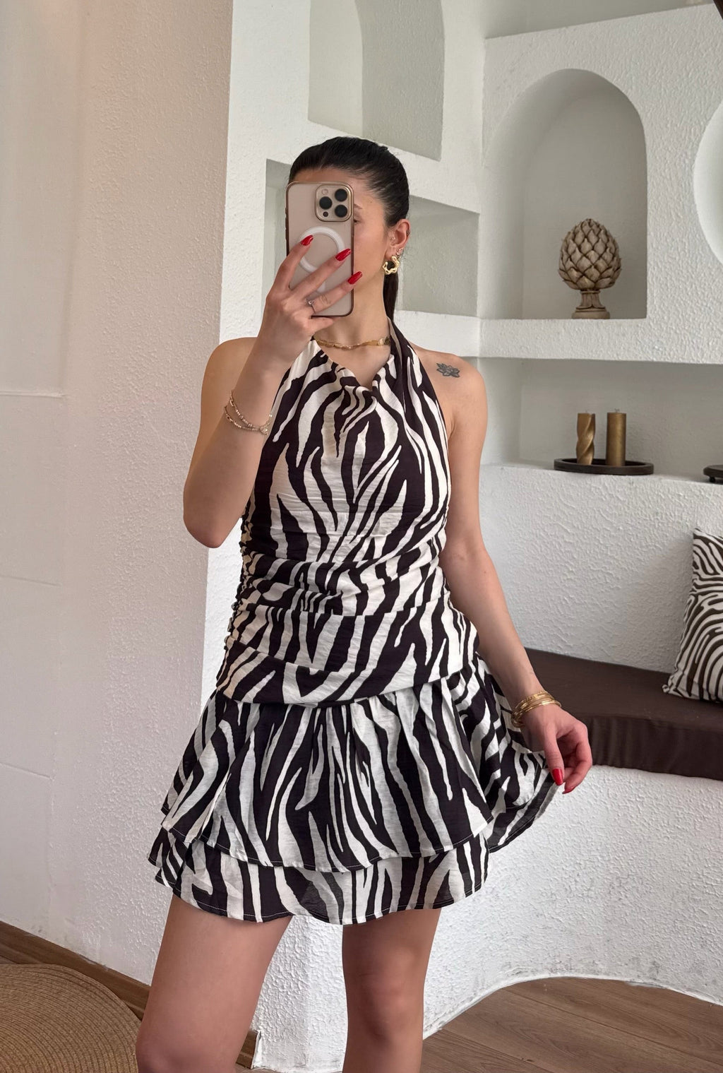 Zebra desen sırt dekolte elbise