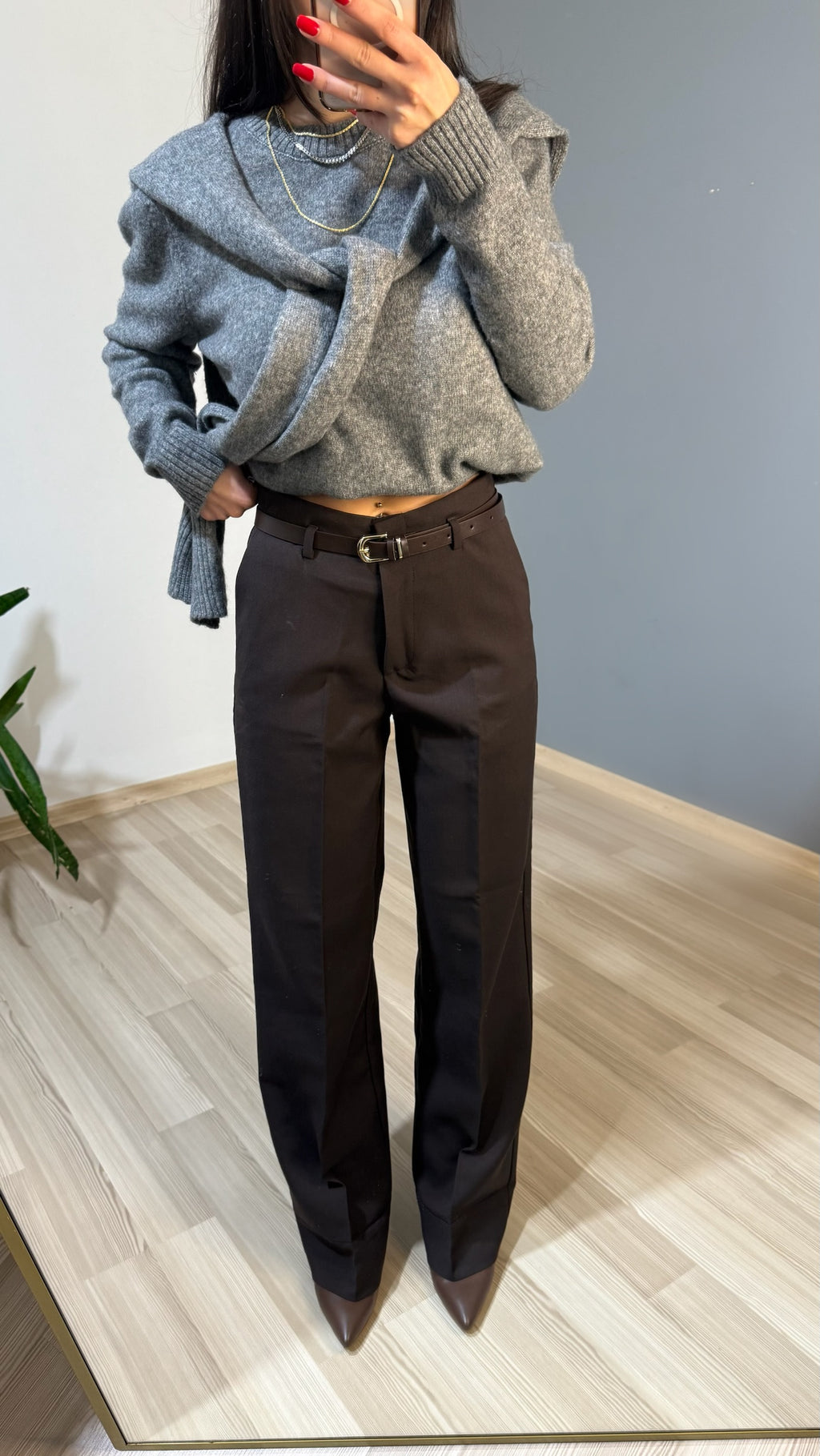 Kemerli acı kahve kumaş pantolon