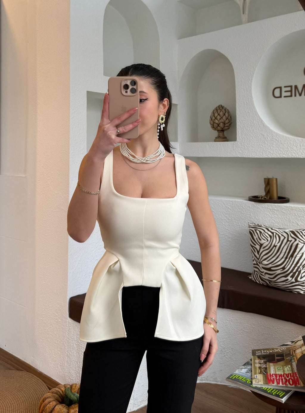 Ekru peplum top