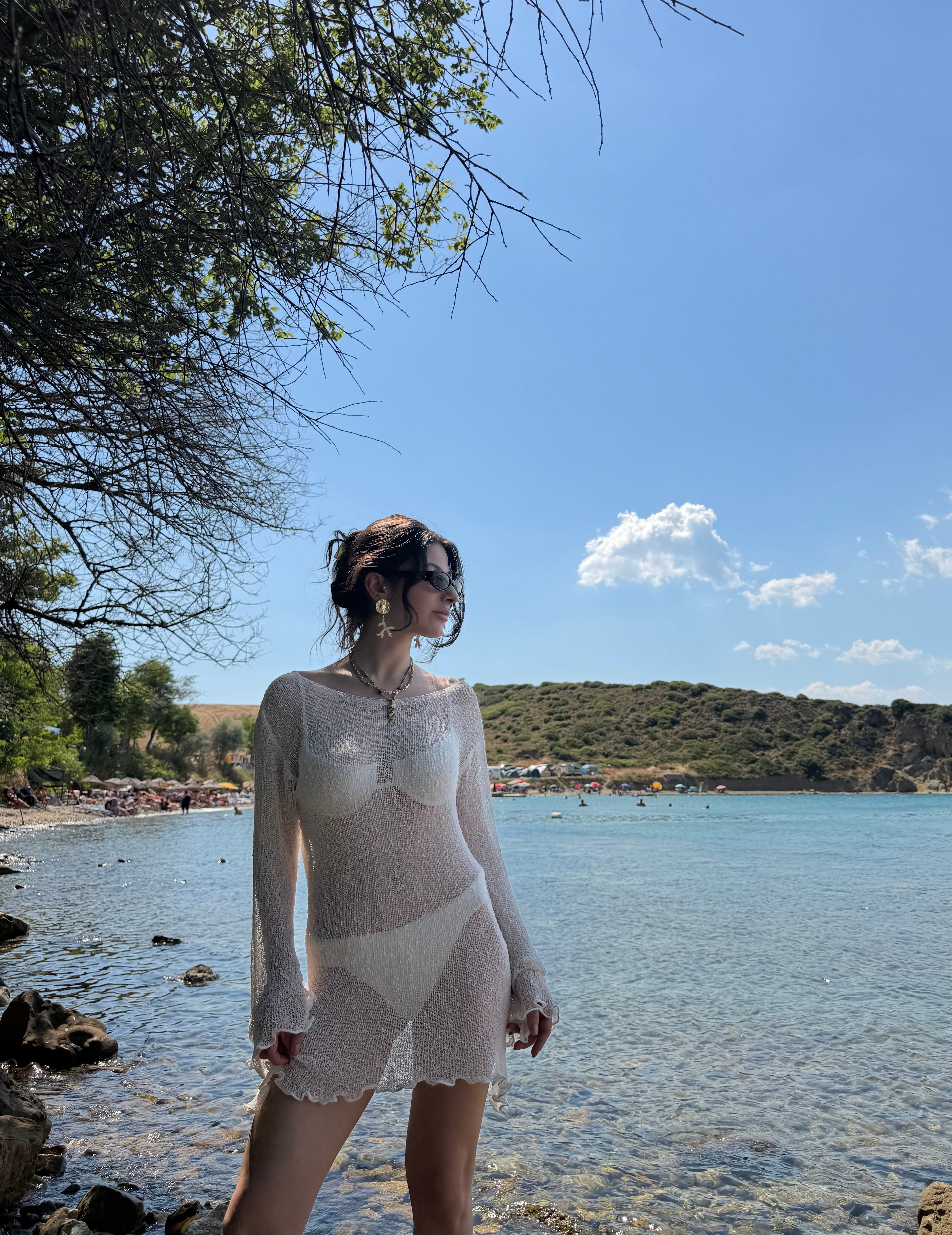 Triko beyaz beachwear elbise