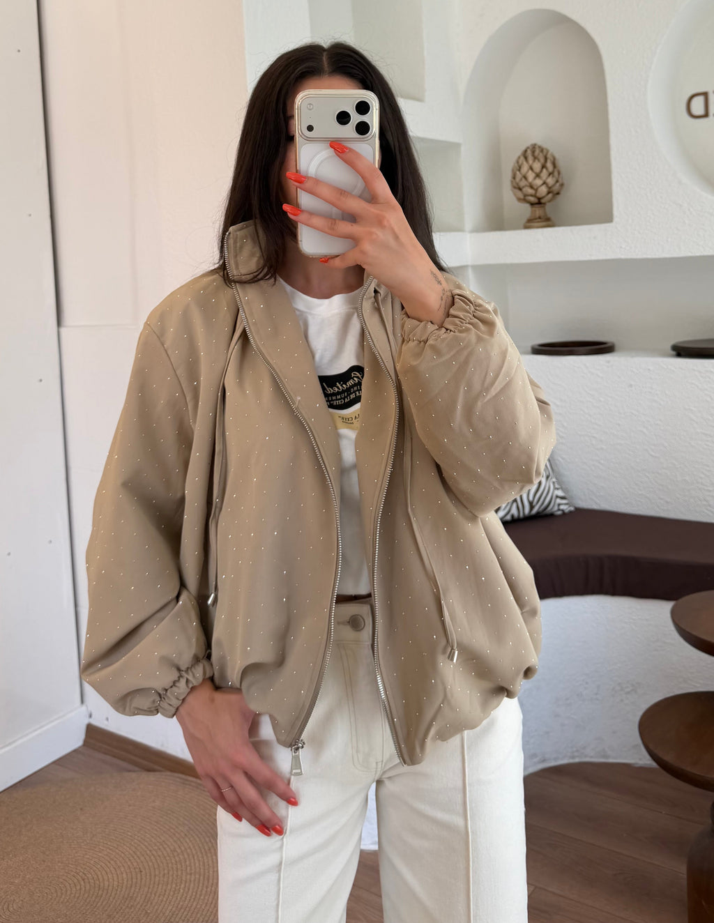 Taş detaylı camel bomber ceket